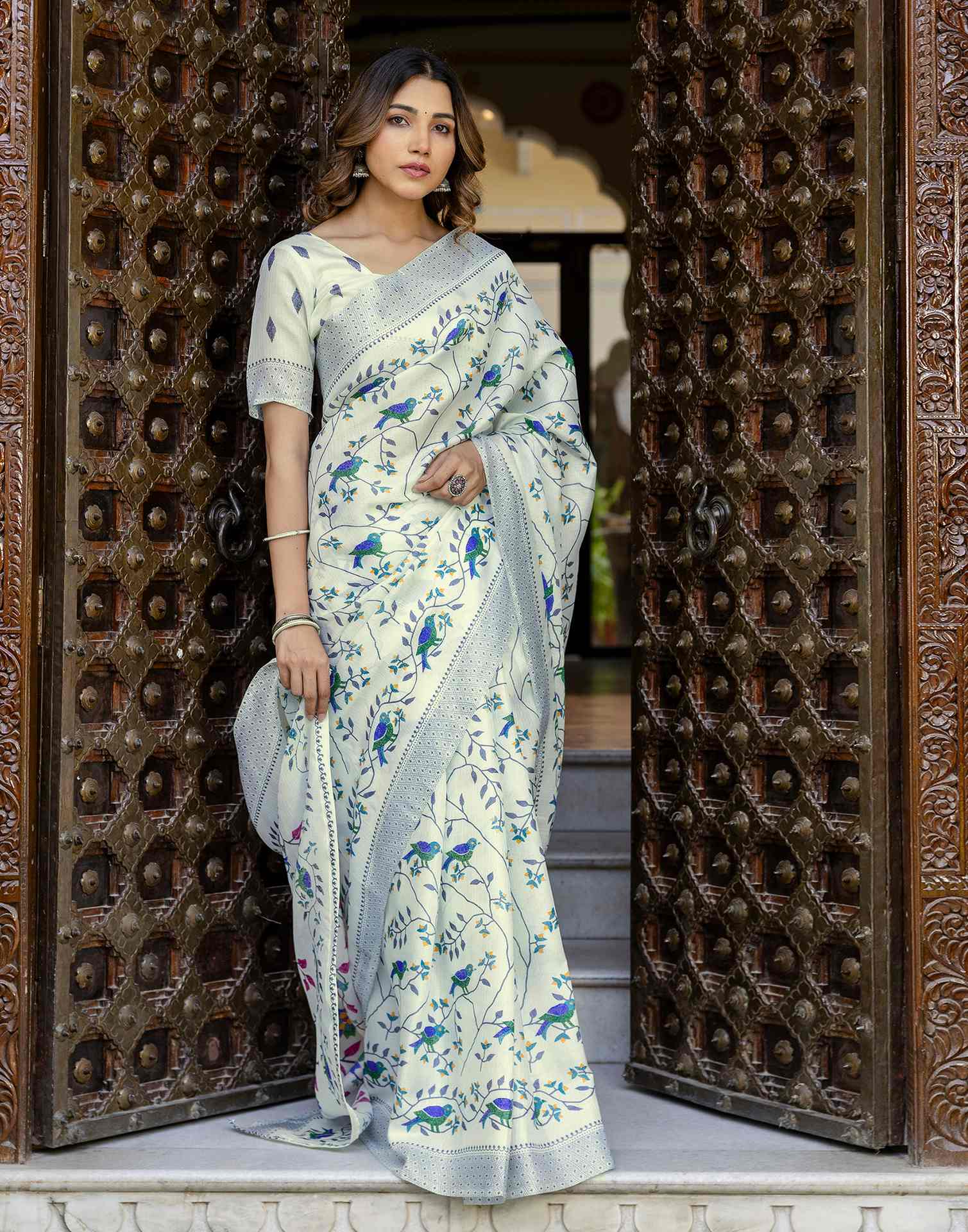 Off White Khadi Printed Saree - Image 5