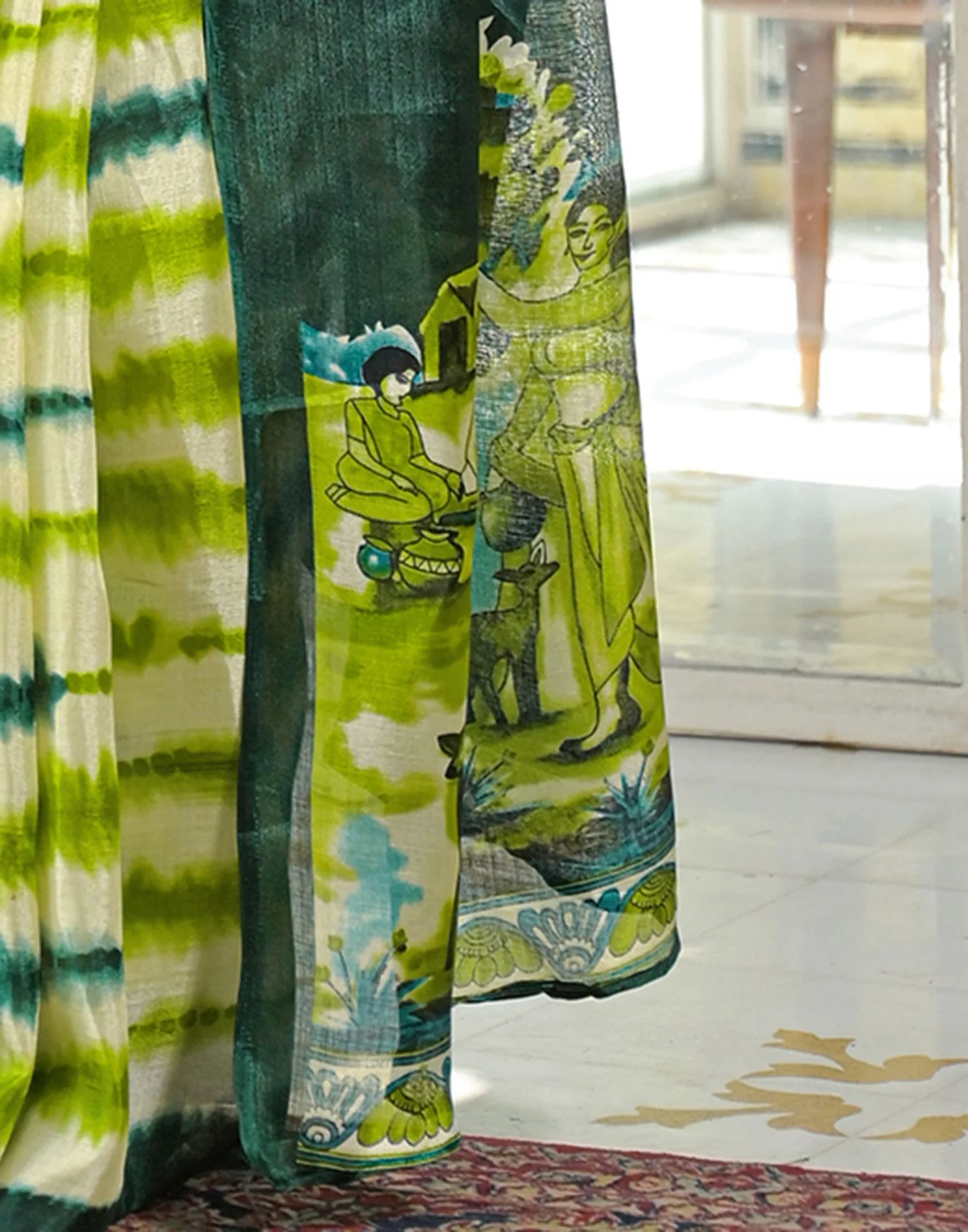 Light Green Khadi Printed Saree - Image 10