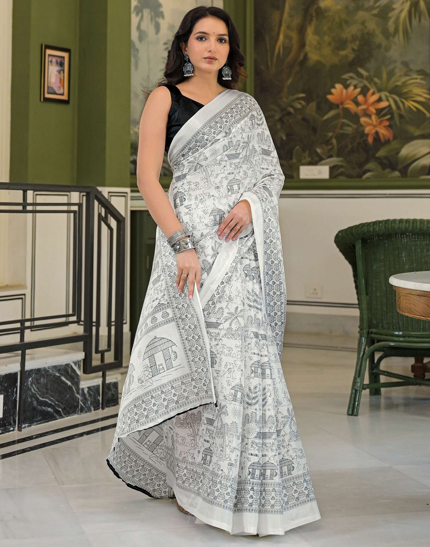 Off White Khadi Warli Printed Saree - Image 5