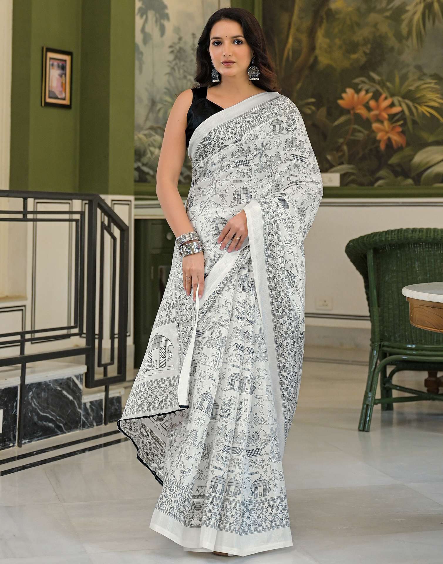 Off White Khadi Warli Printed Saree - Image 7