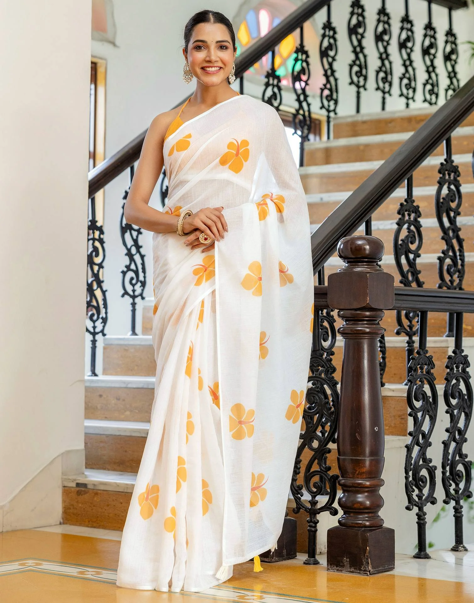 Off White Linen Floral Printed Saree