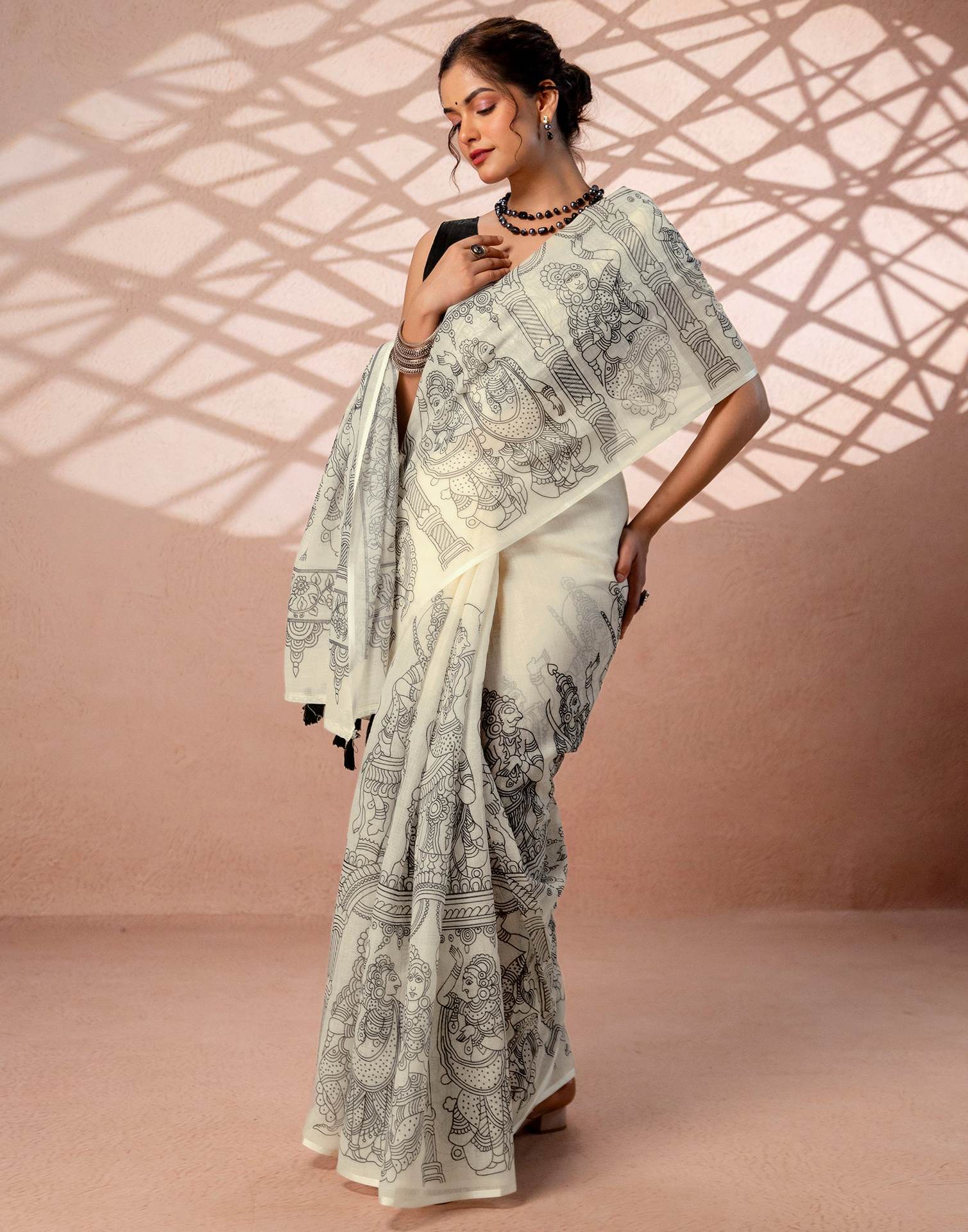 Off White Linen Kalamkari Printed Saree - Image 10