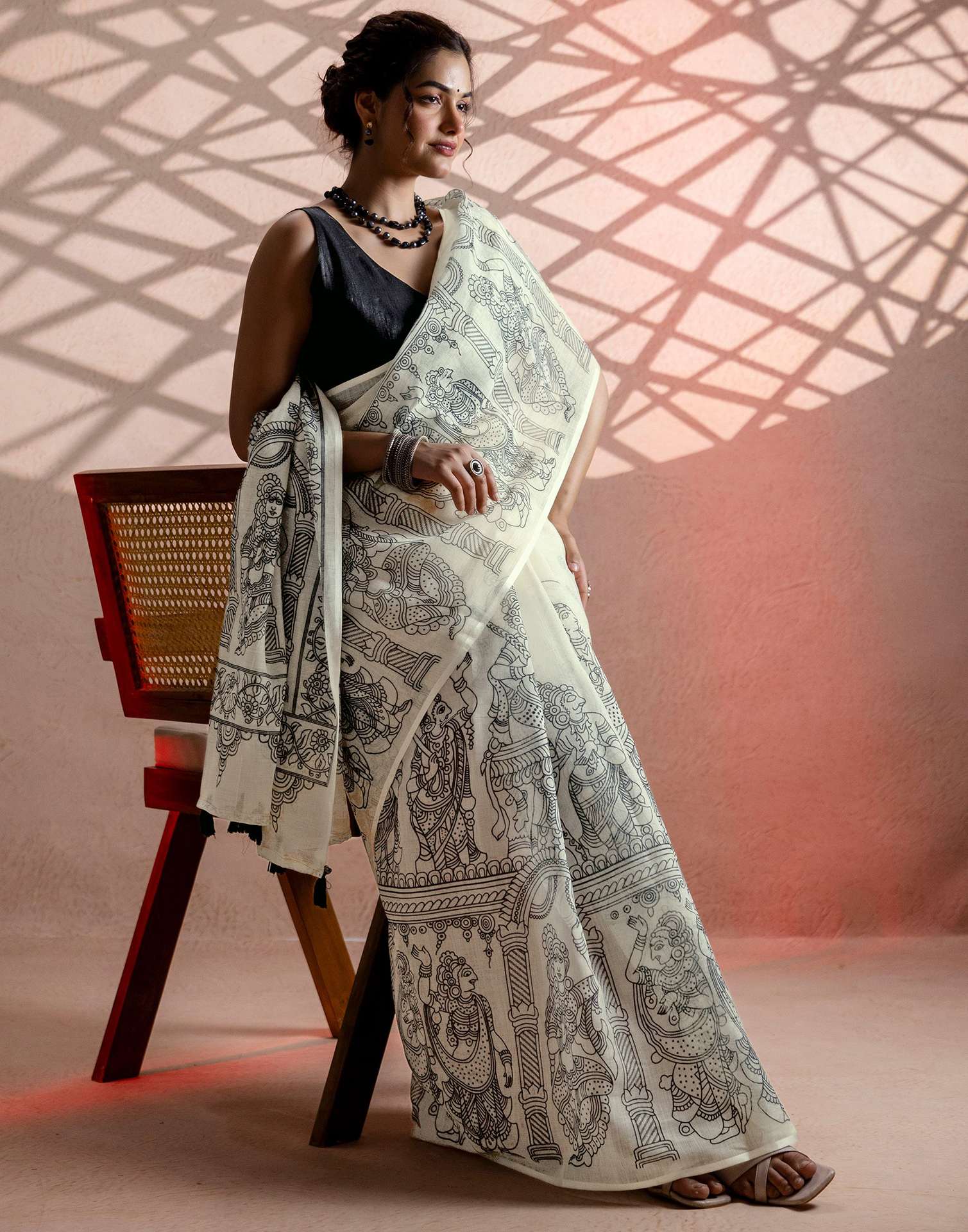 Off White Linen Kalamkari Printed Saree - Image 11