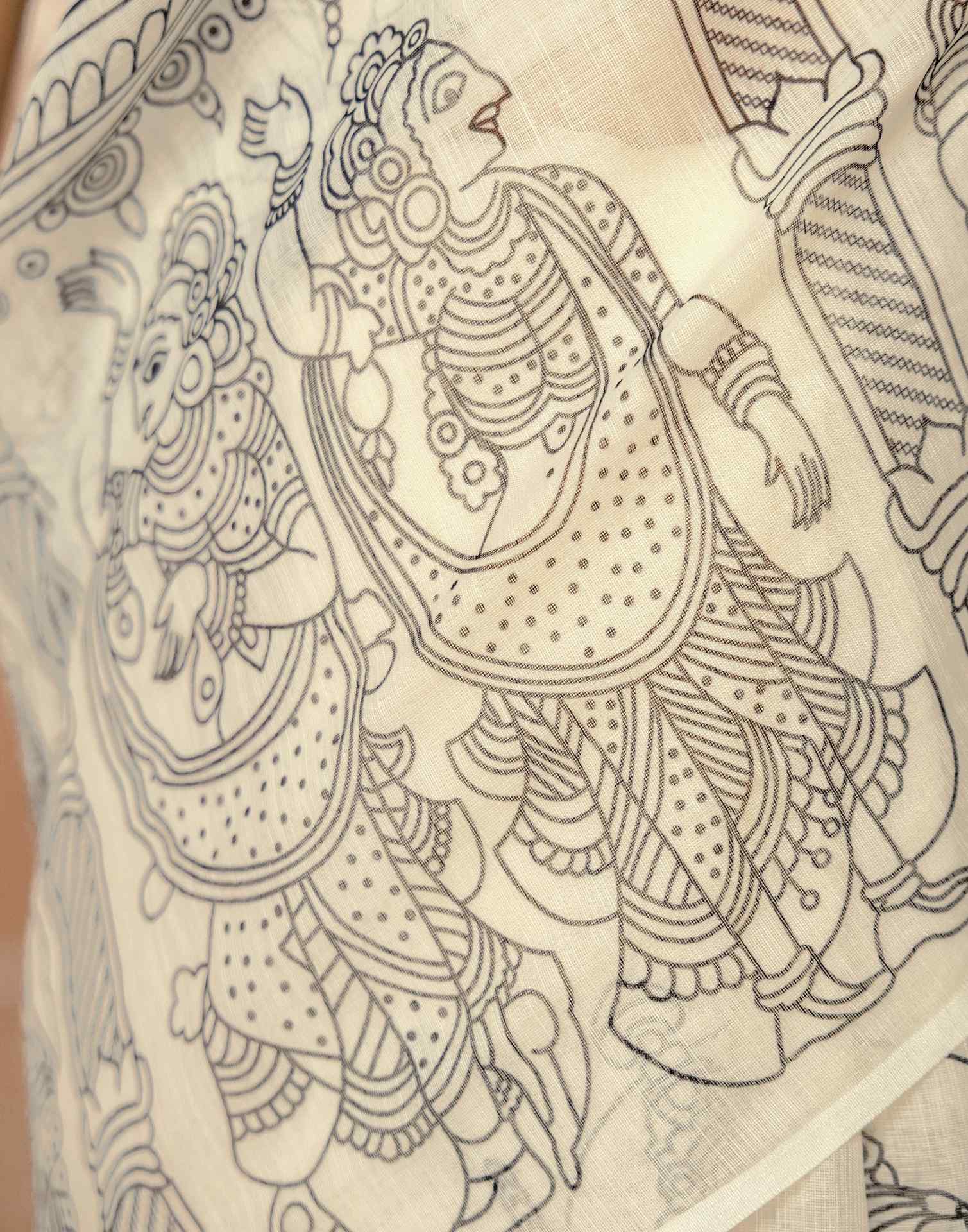 Off White Linen Kalamkari Printed Saree - Image 12