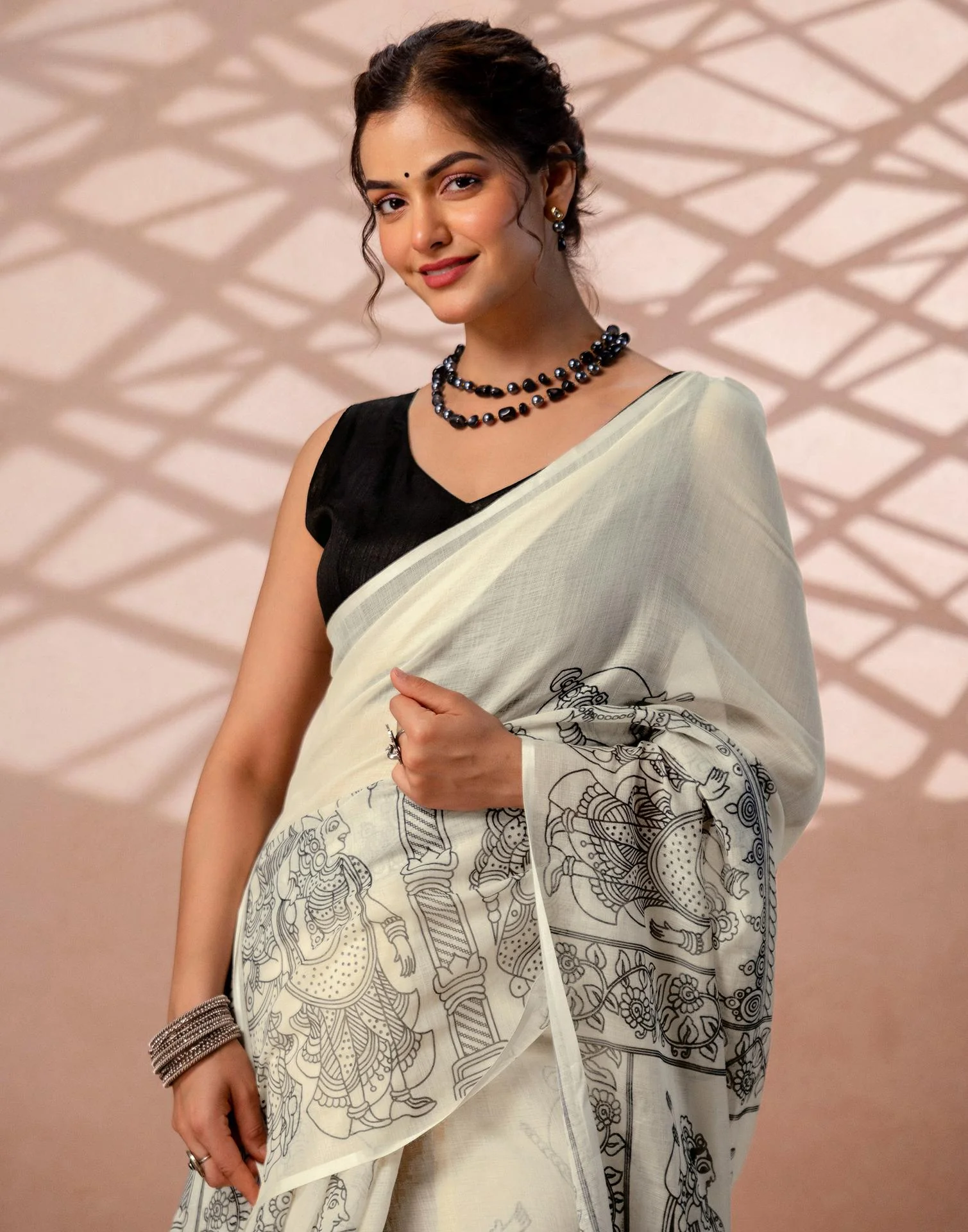 Off White Linen Kalamkari Printed Saree - Image 4