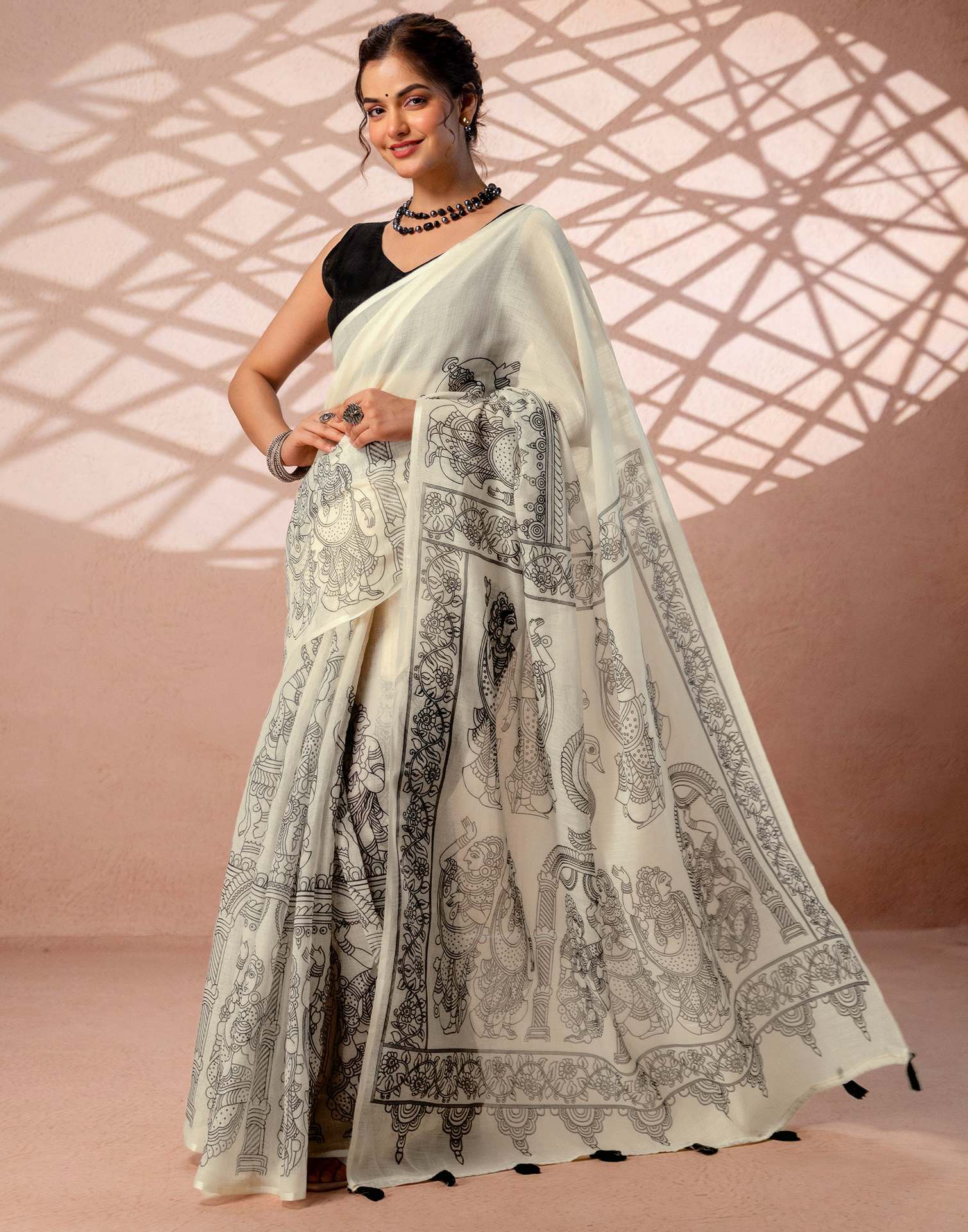 Off White Linen Kalamkari Printed Saree - Image 6