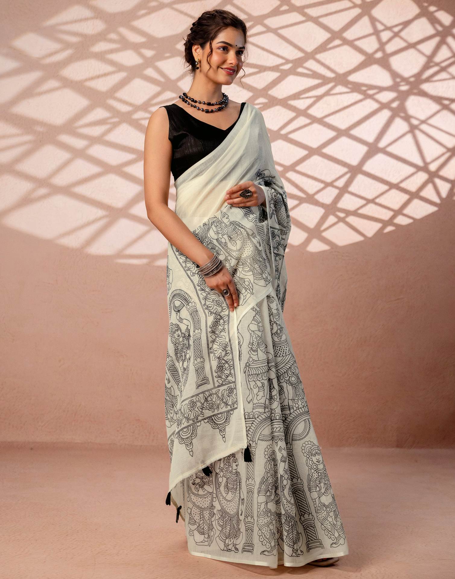 Off White Linen Kalamkari Printed Saree - Image 9
