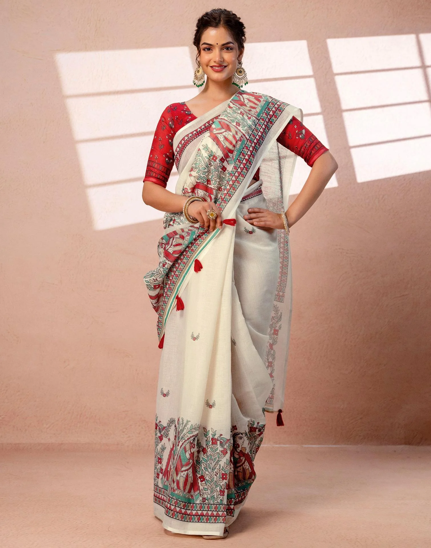Off White Linen Madhubani Printed Saree - Image 10