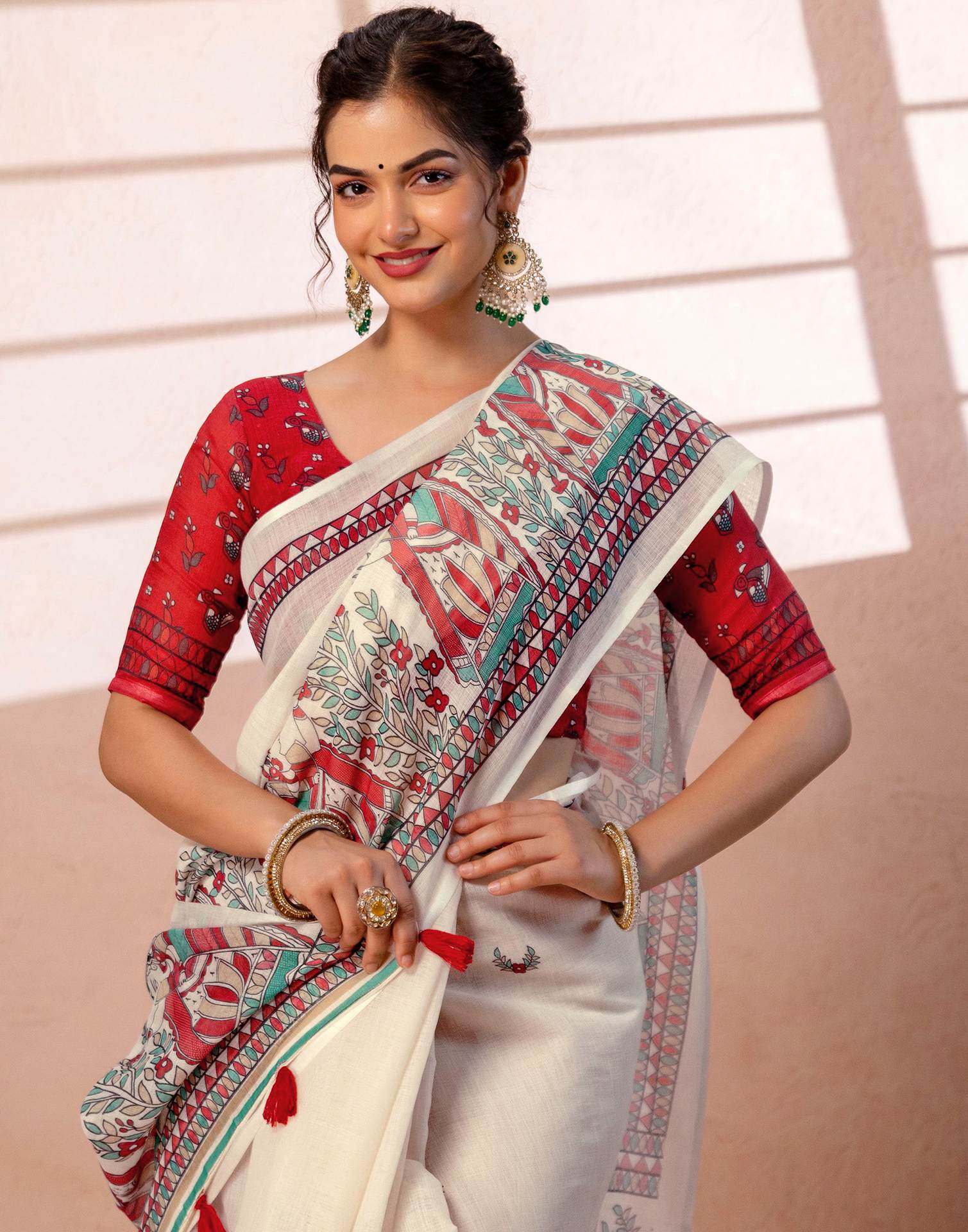 Off White Linen Madhubani Printed Saree - Image 2