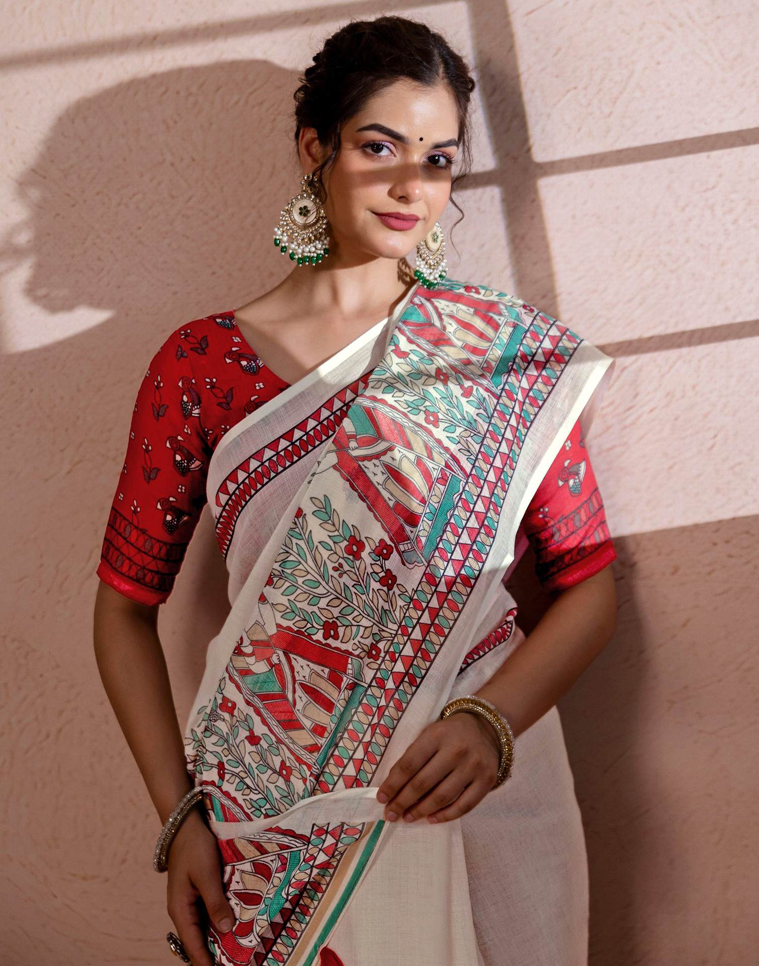 Off White Linen Madhubani Printed Saree - Image 4