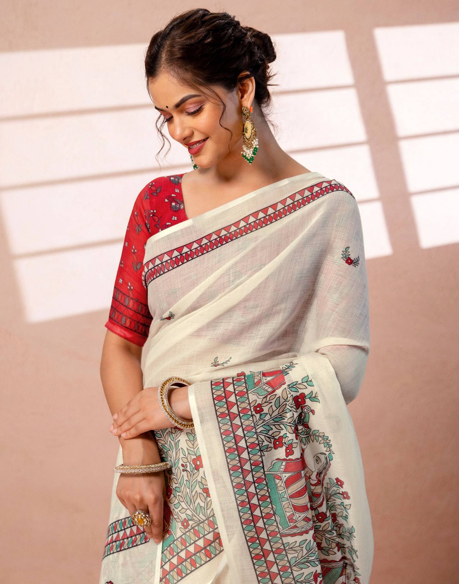 Off White Linen Madhubani Printed Saree - Image 5