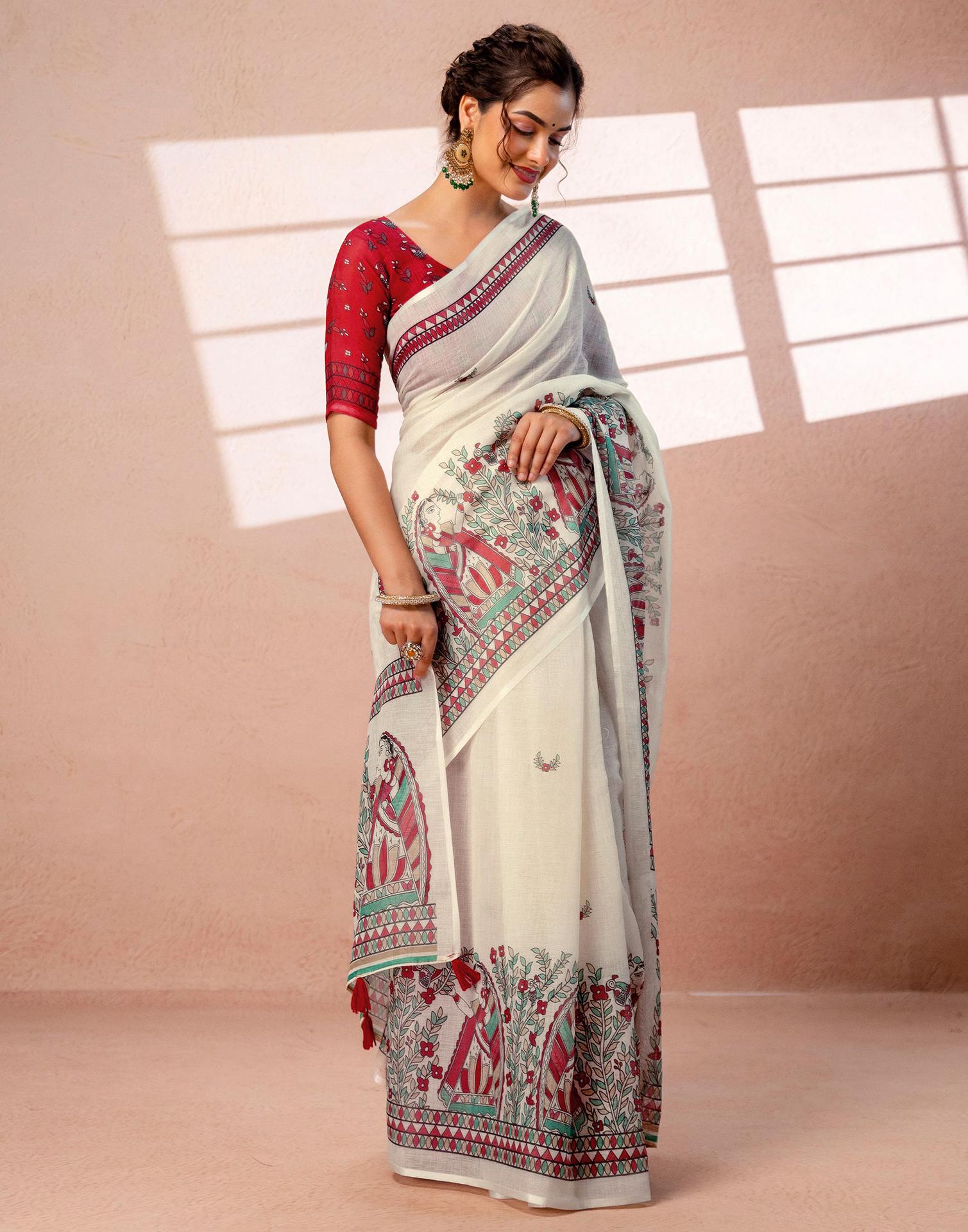 Off White Linen Madhubani Printed Saree - Image 7