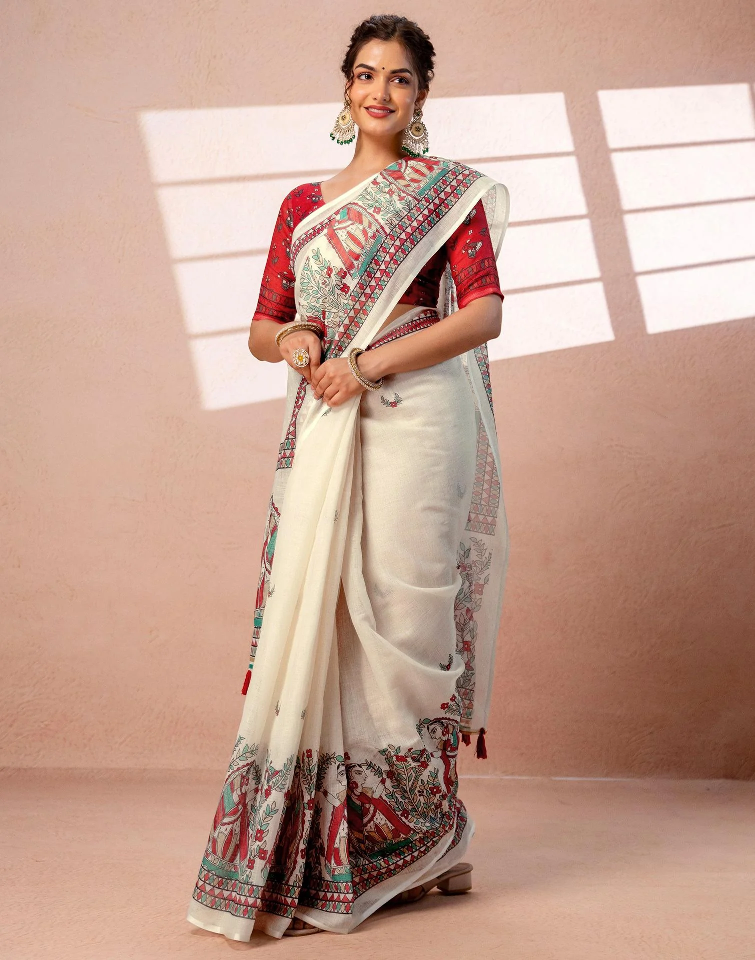 Off White Linen Madhubani Printed Saree - Image 9