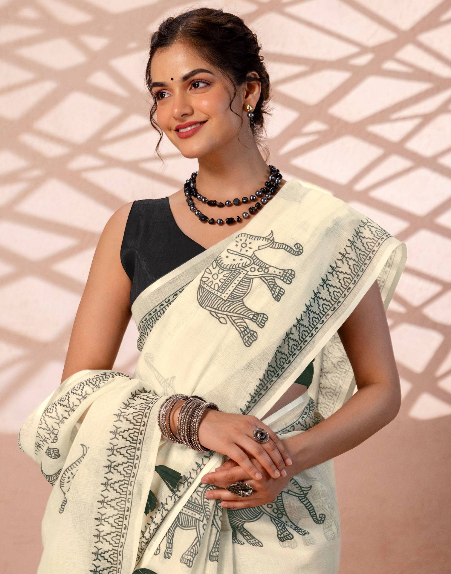 Off White Linen Printed Saree - Image 2