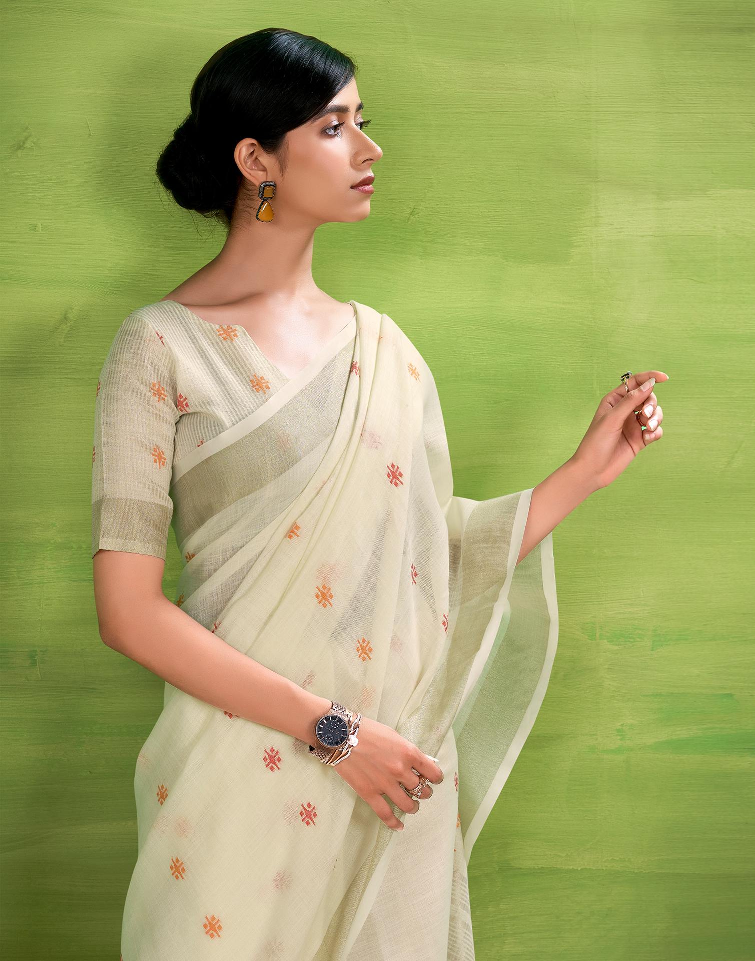 Off White Linen Silk Woven Printed Saree - Image 5