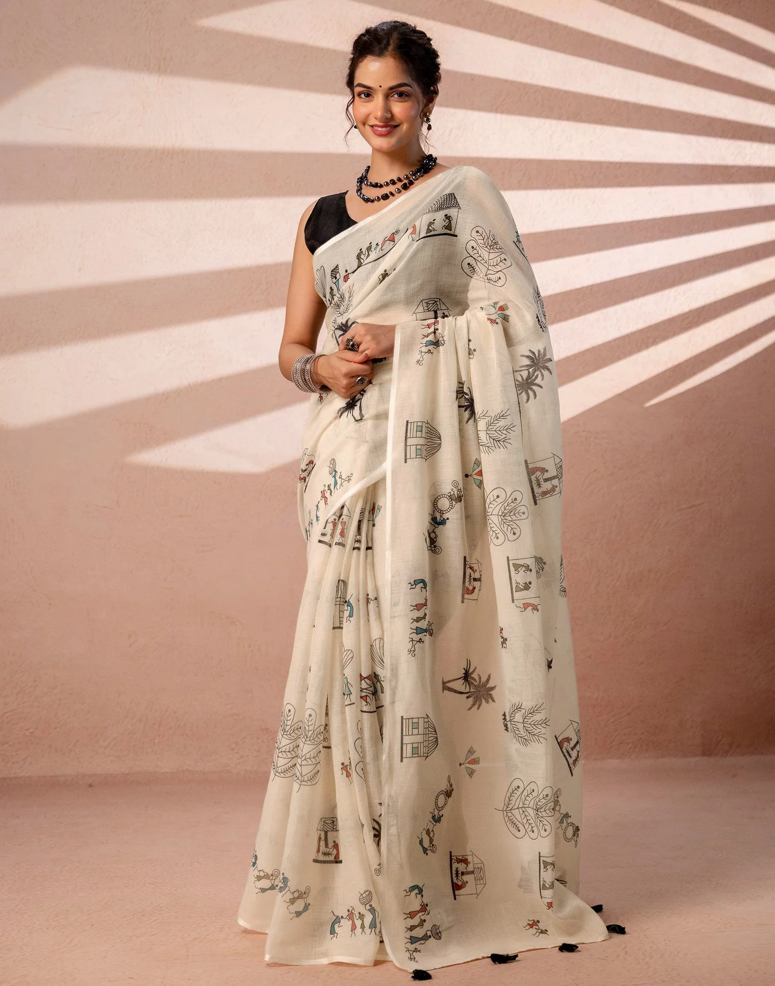 Off White Linen Warli Printed Saree - Image 2