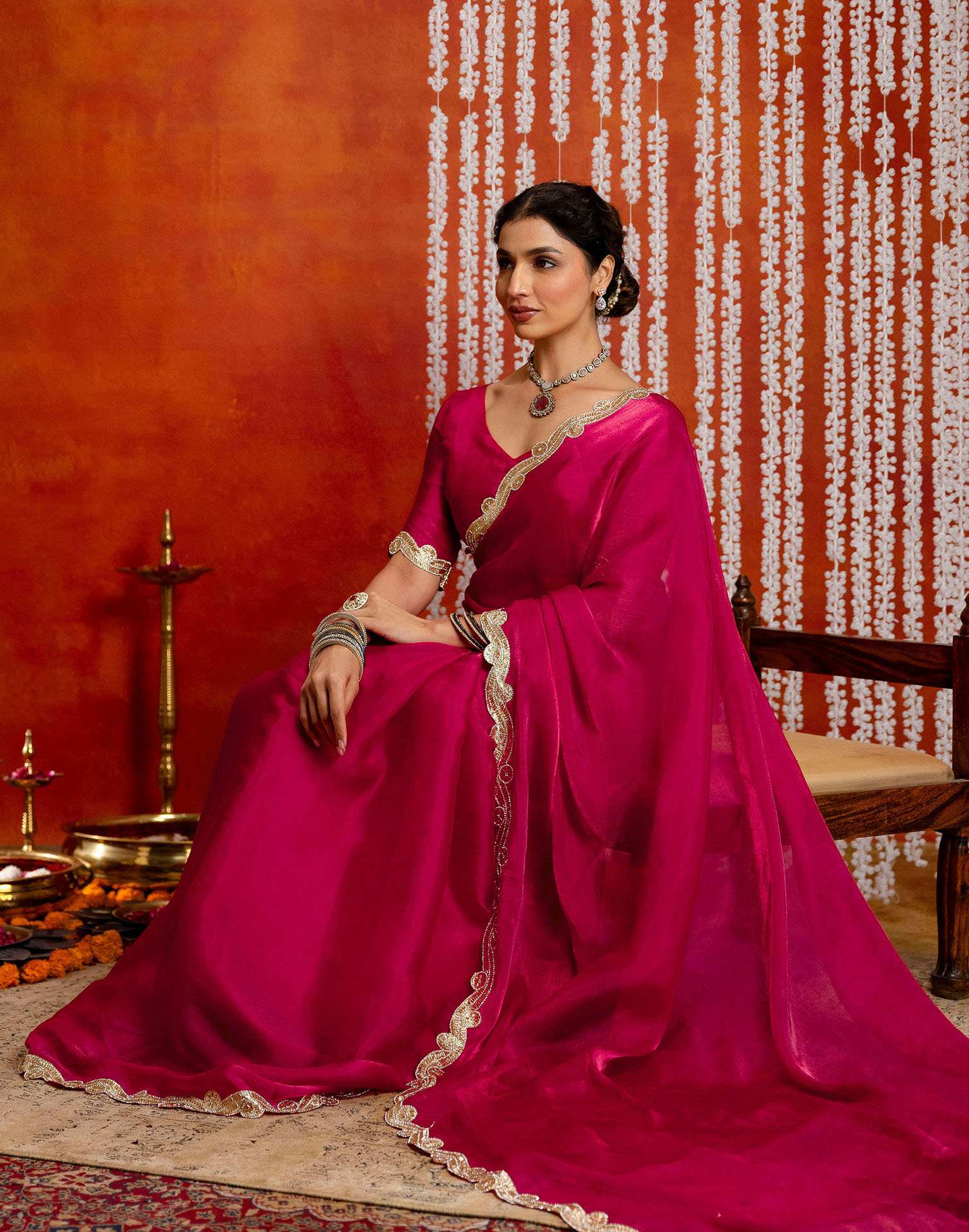 Dark Pink Shimmer Lace Saree - Image 10