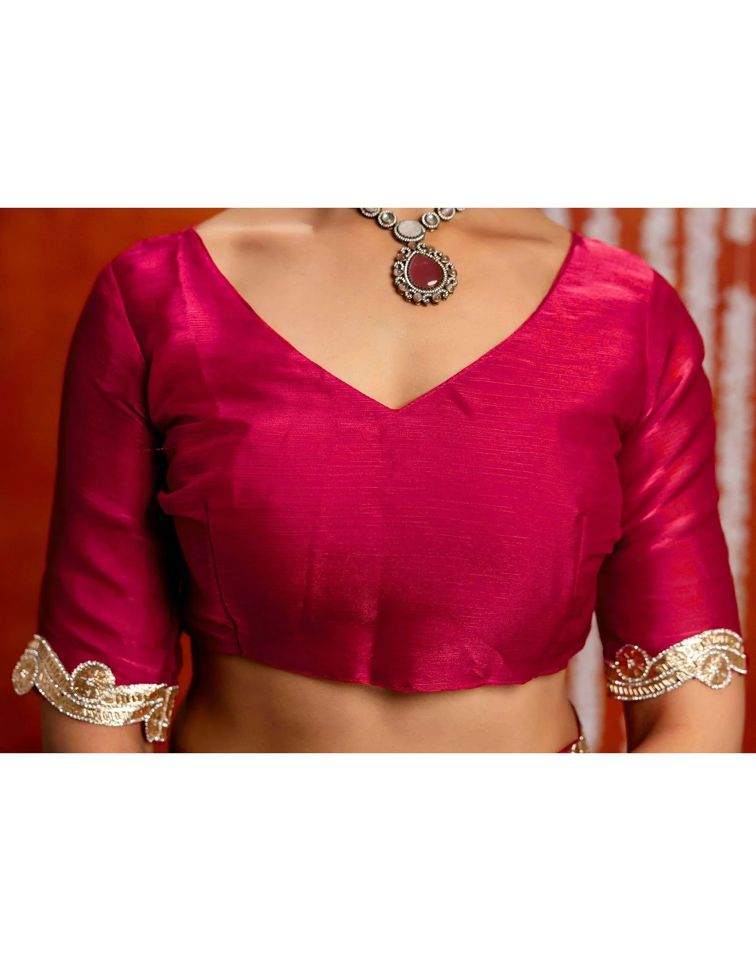 Dark Pink Shimmer Lace Saree - Image 12
