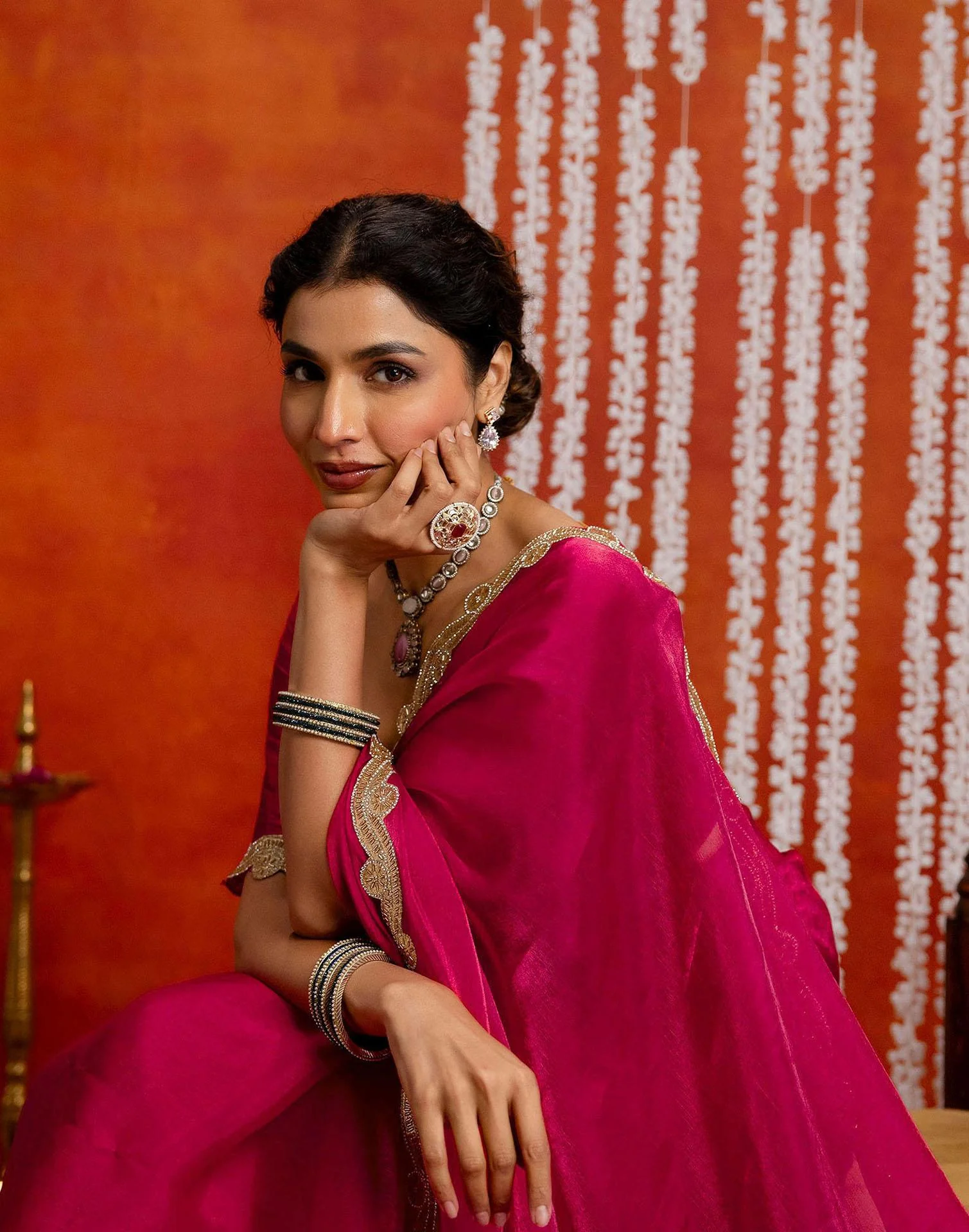 Dark Pink Shimmer Lace Saree - Image 5