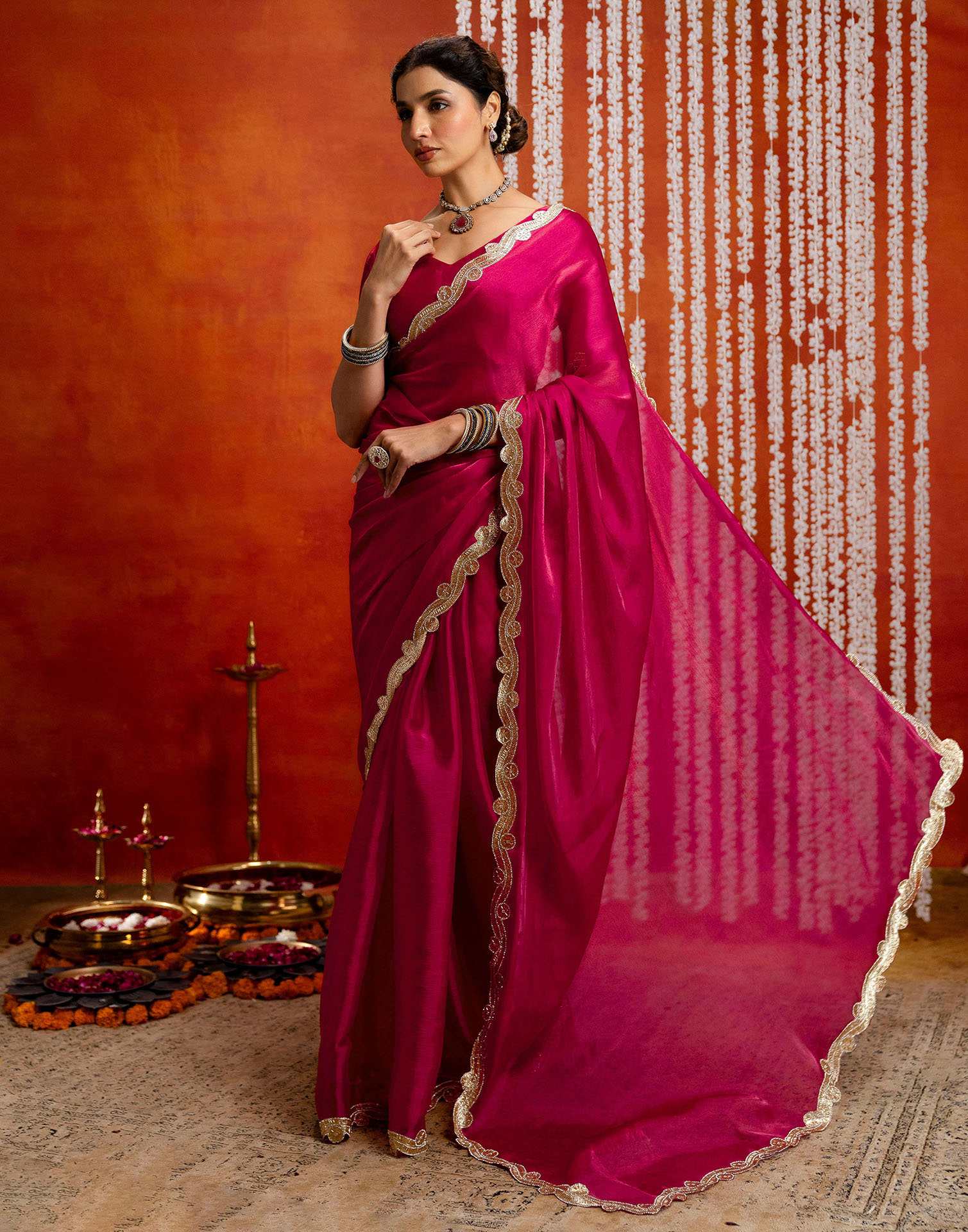 Dark Pink Shimmer Lace Saree - Image 6