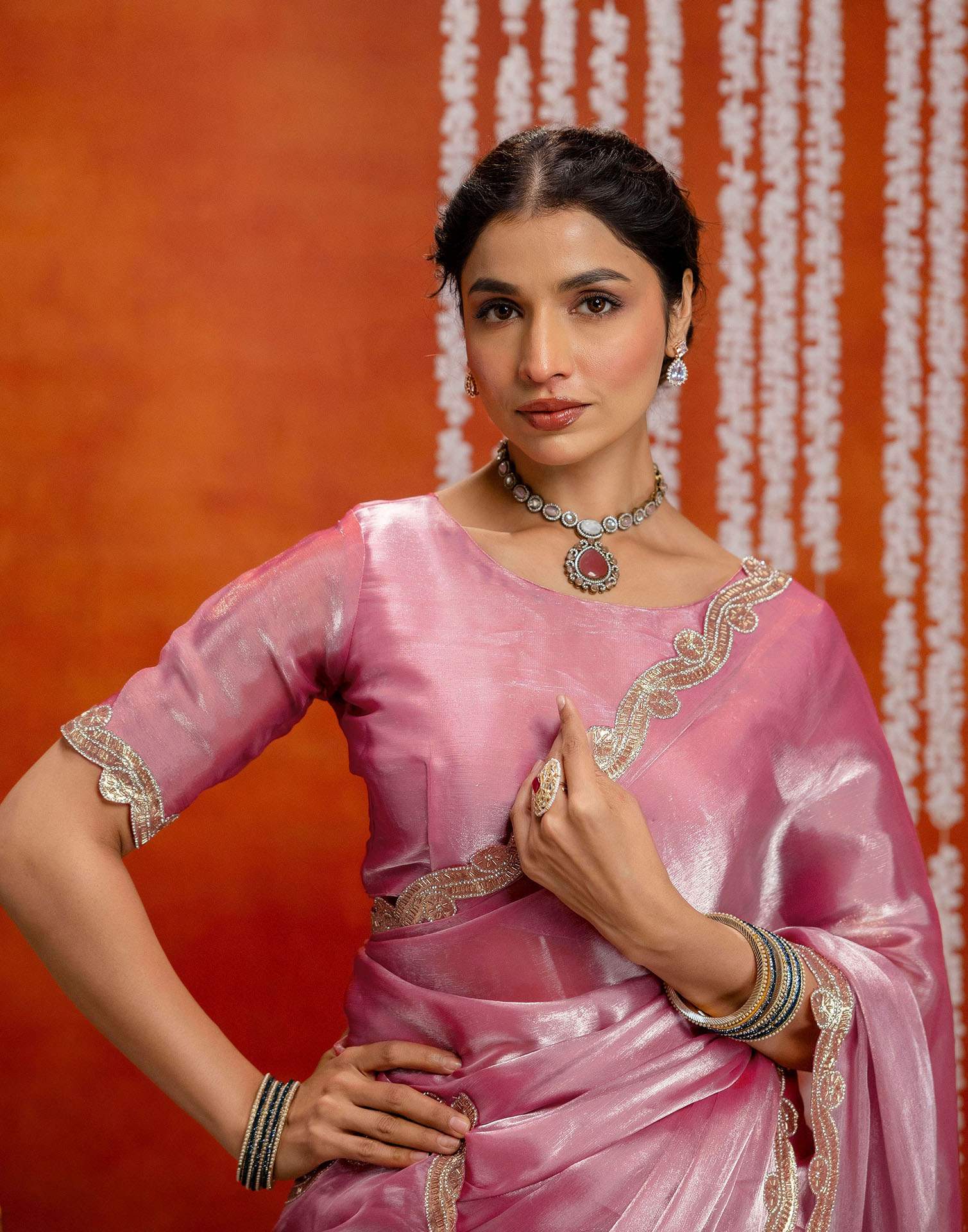 Baby Pink Shimmer Lace Saree - Image 2
