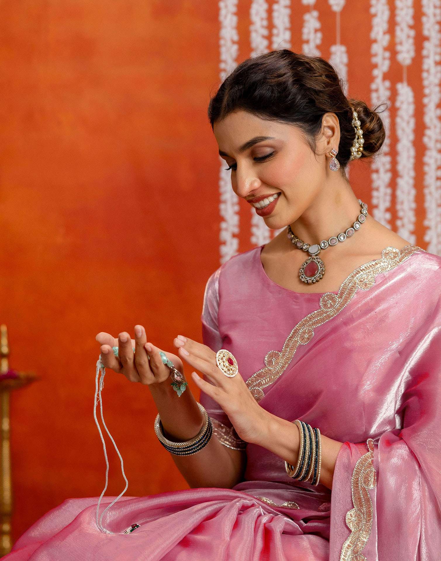 Baby Pink Shimmer Lace Saree - Image 5