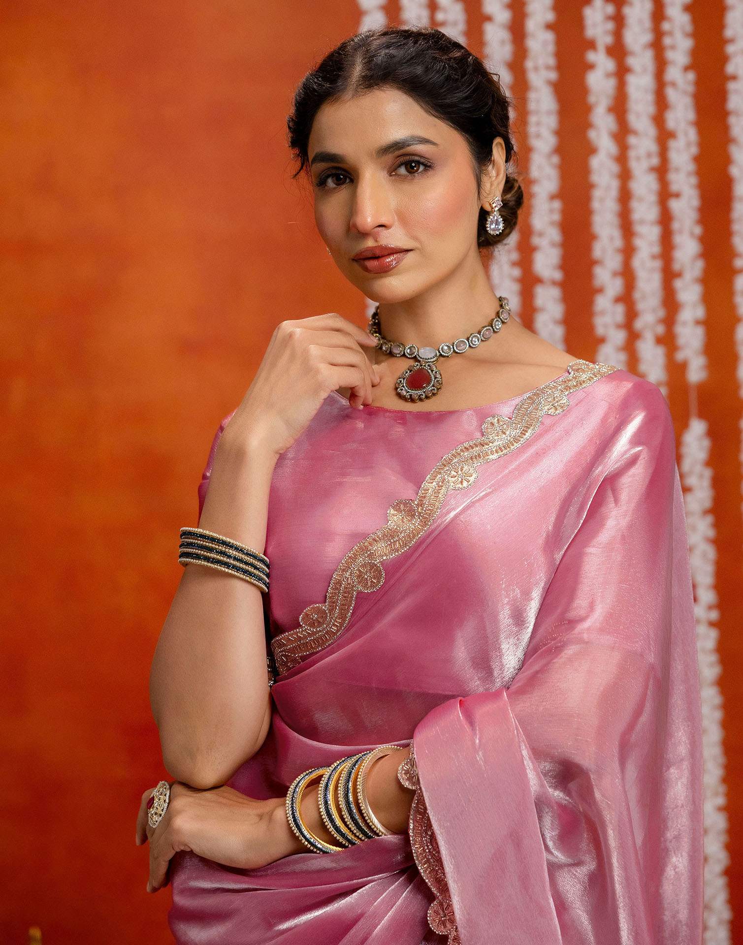 Baby Pink Shimmer Lace Saree - Image 6