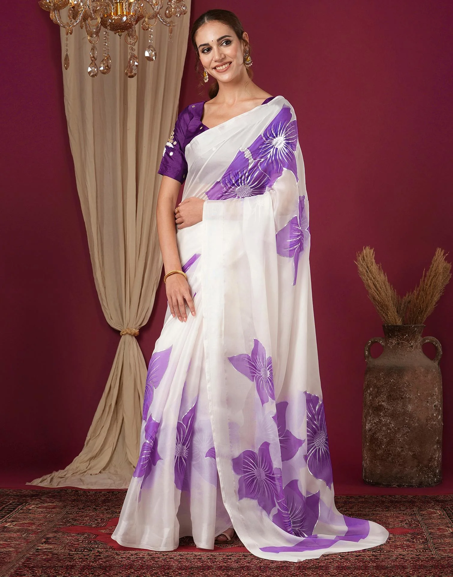 Off White Silk Floral Foil Printed Saree - Image 4