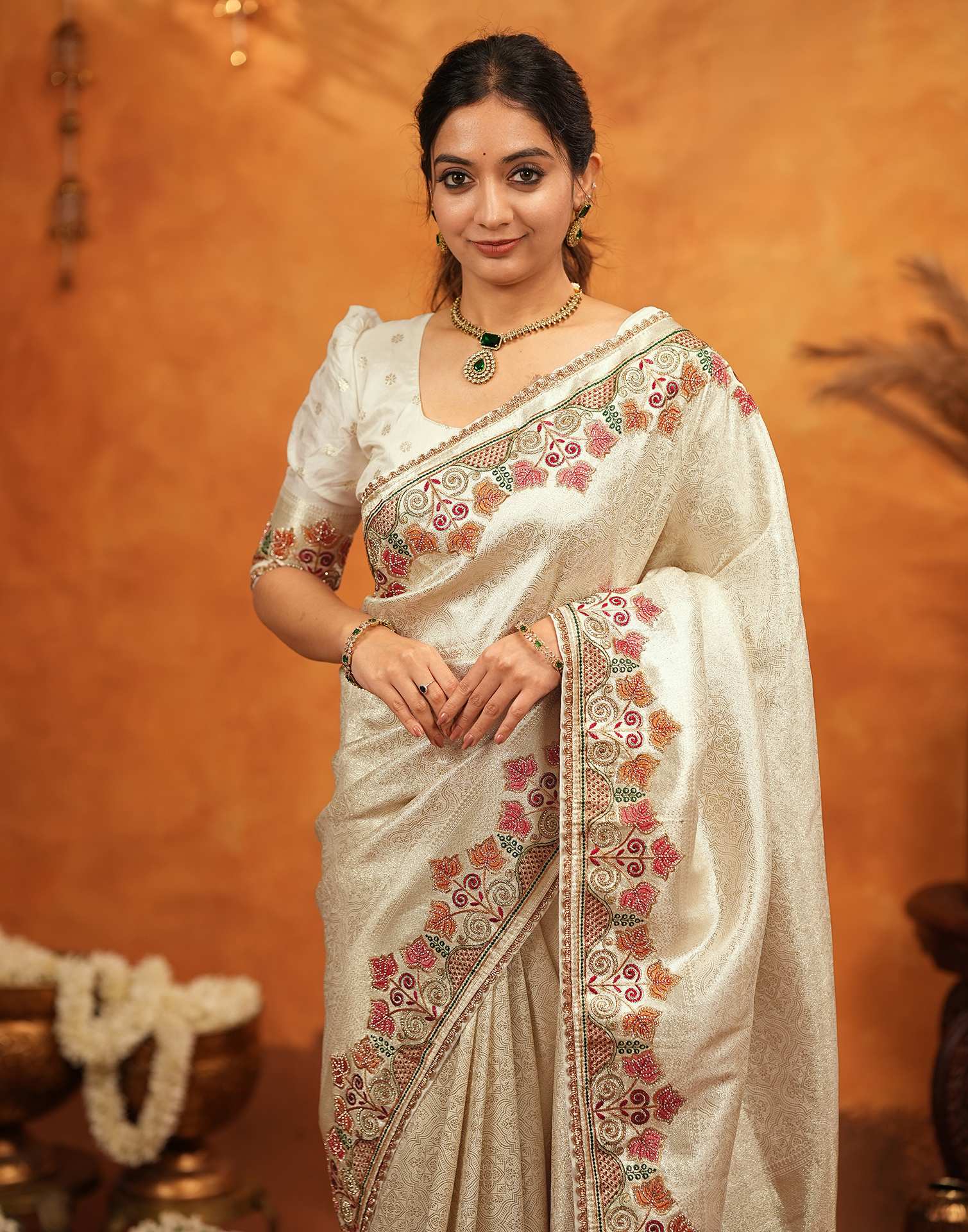 Off White Silk Woven Embroidery Stone Work Banarasi Saree - Image 2