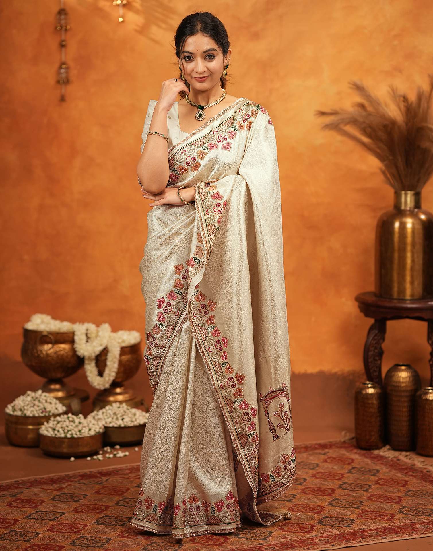 Off White Silk Woven Embroidery Stone Work Banarasi Saree - Image 7