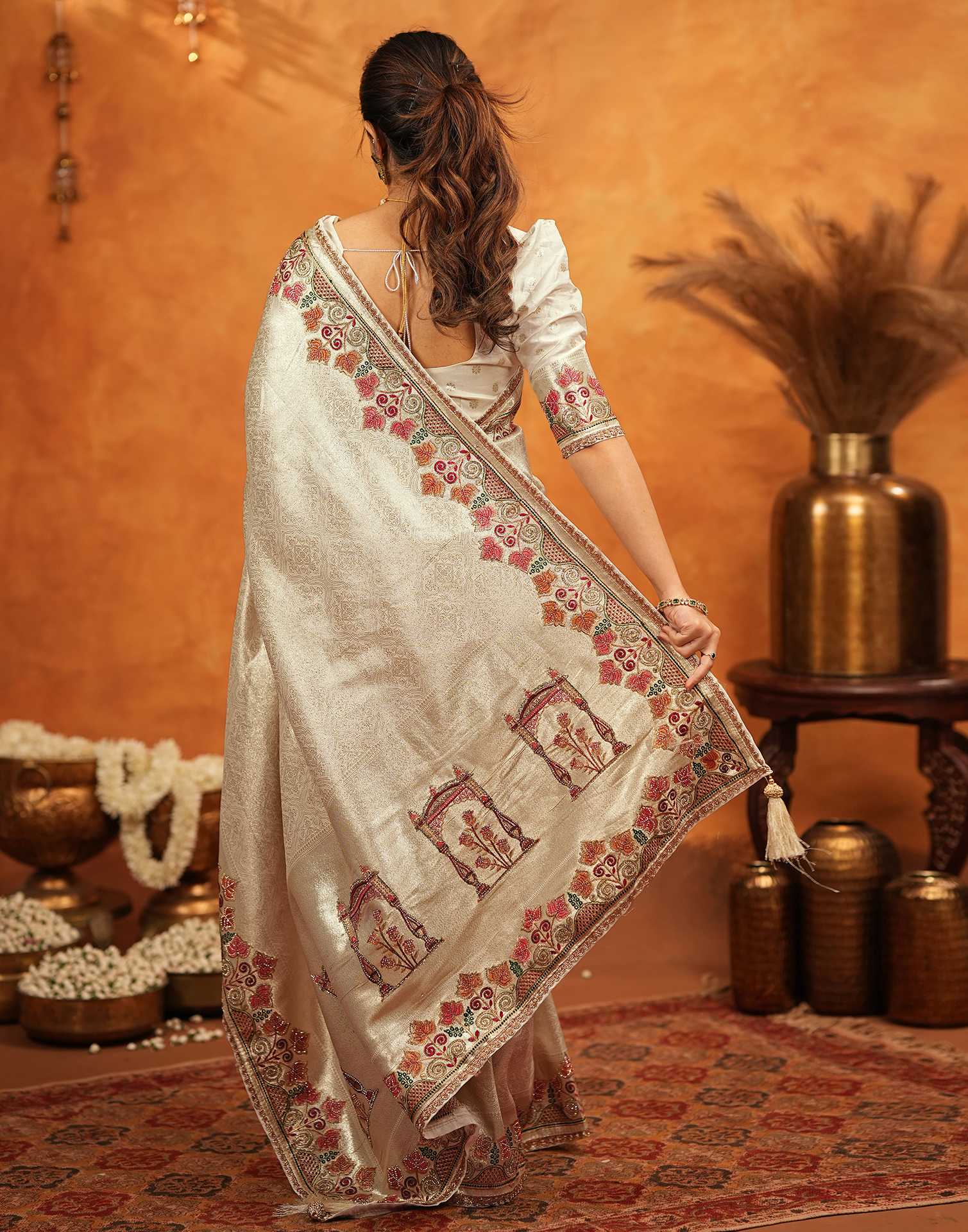 Off White Silk Woven Embroidery Stone Work Banarasi Saree - Image 8