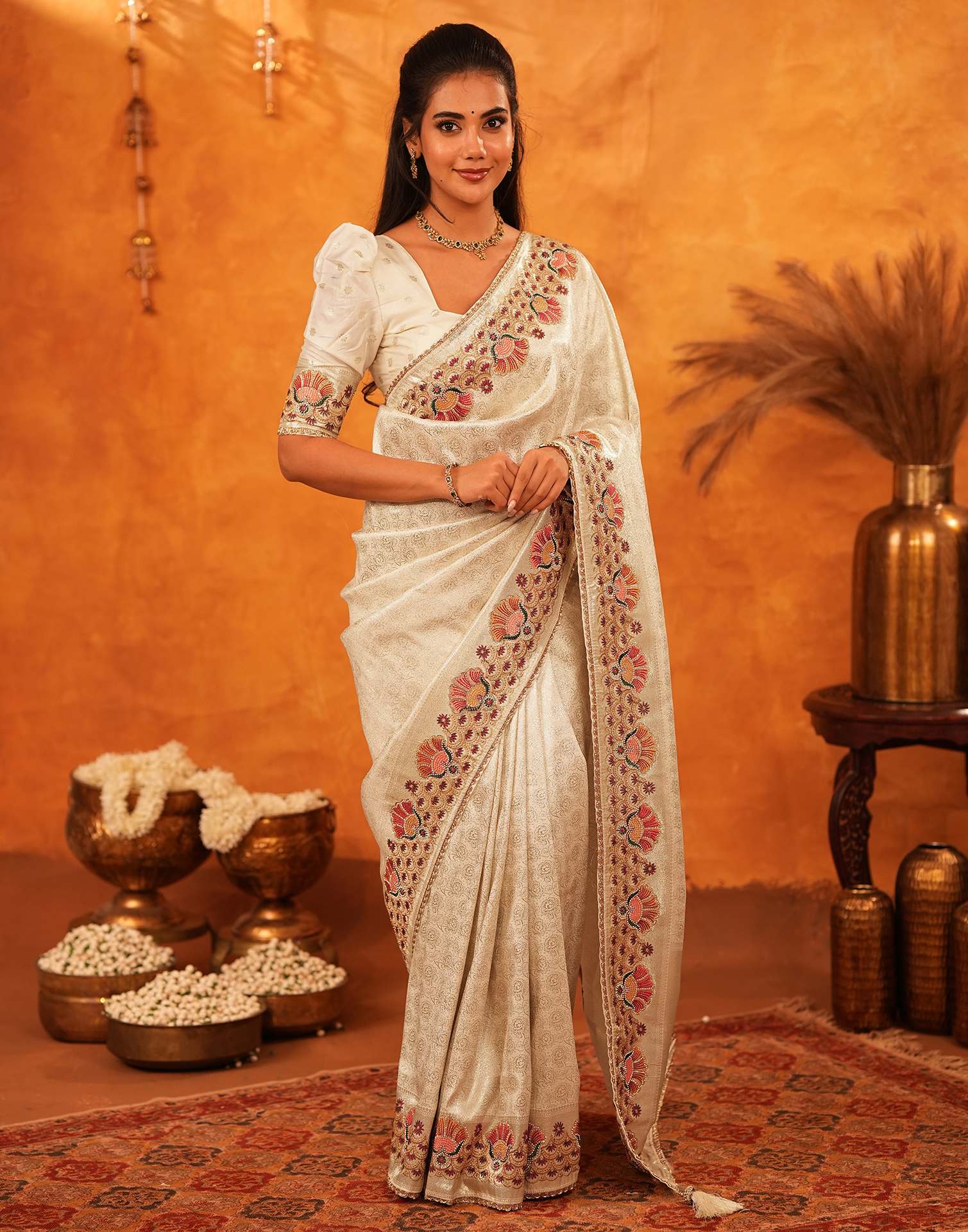 Off White Silk Woven Embroidery Stone Work Banarasi Saree - Image 8