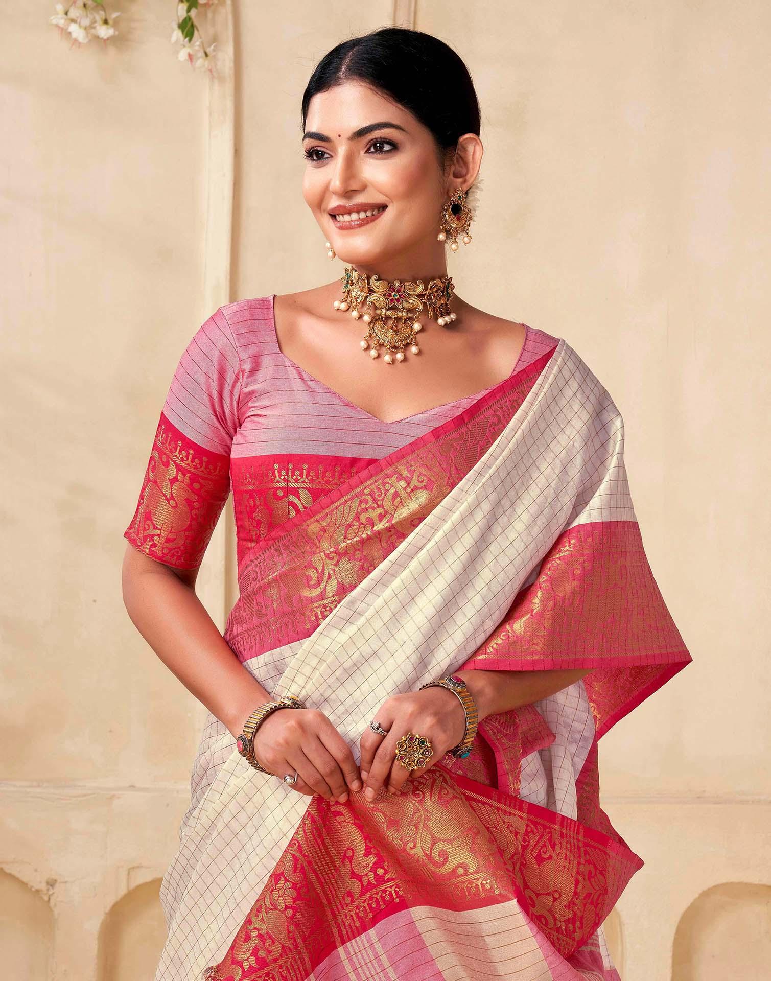 Off White Silk Woven Kanjivaram Saree - Image 2