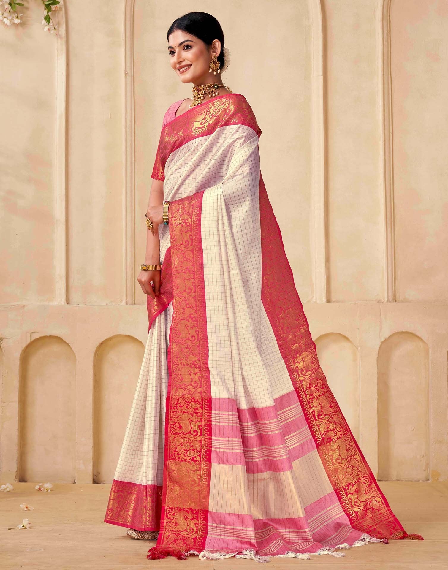 Off White Silk Woven Kanjivaram Saree - Image 4