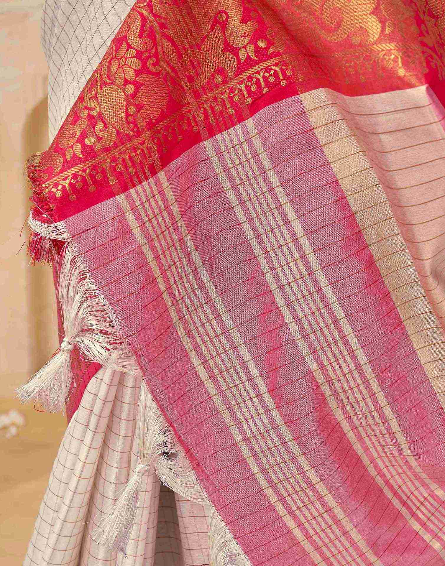 Off White Silk Woven Kanjivaram Saree - Image 8