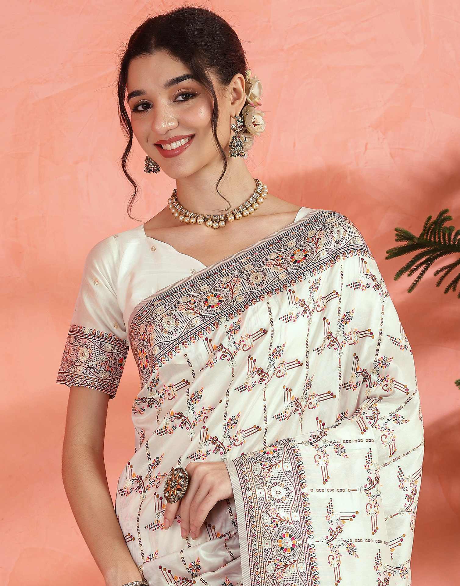 Off White Silk Woven Saree - Image 2