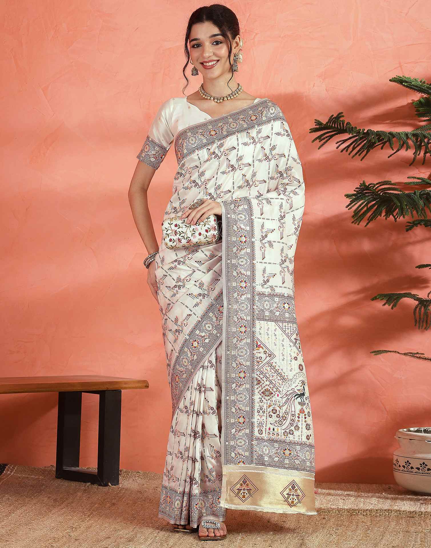 Off White Silk Woven Saree - Image 6