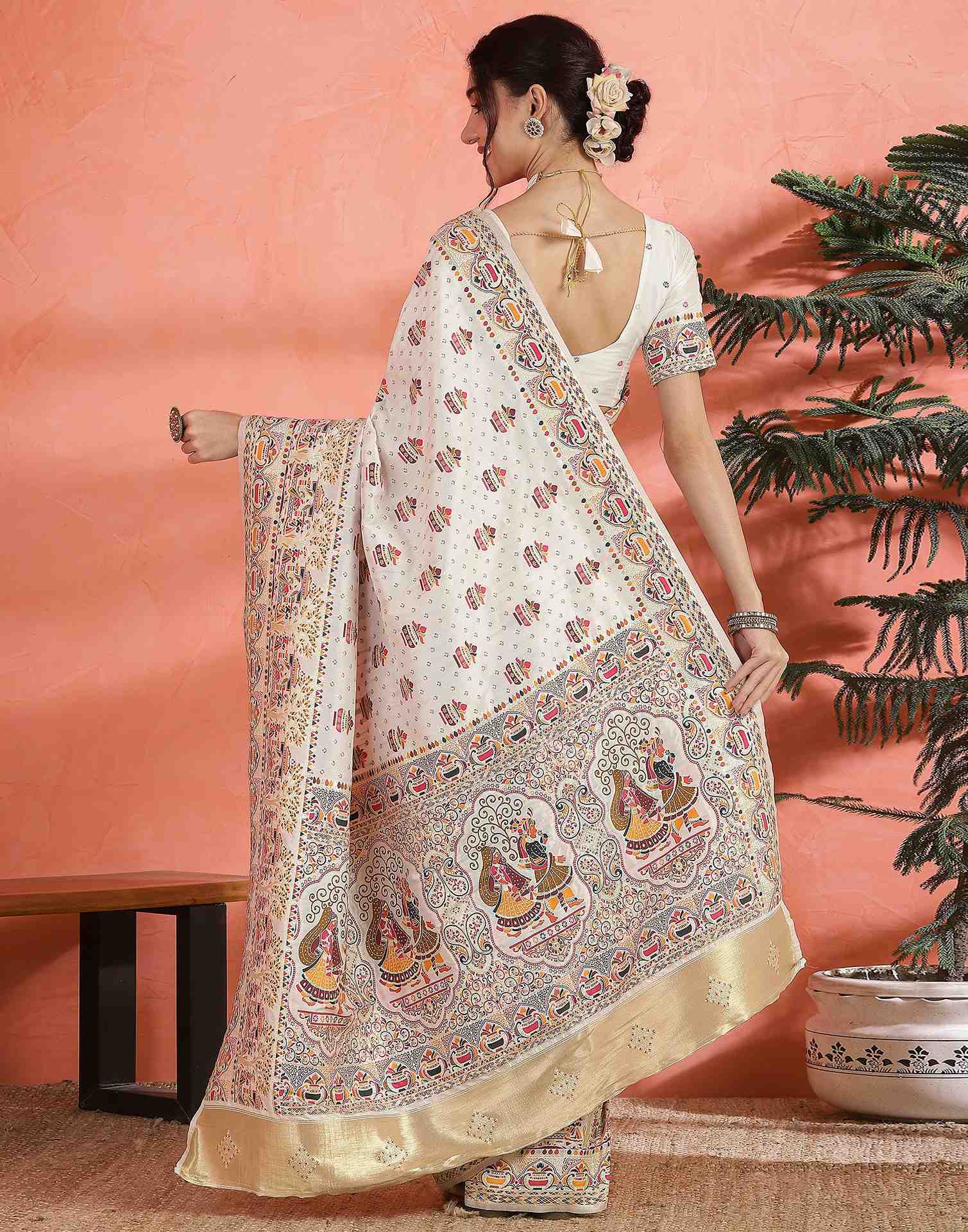Off White Silk Woven Saree - Image 6