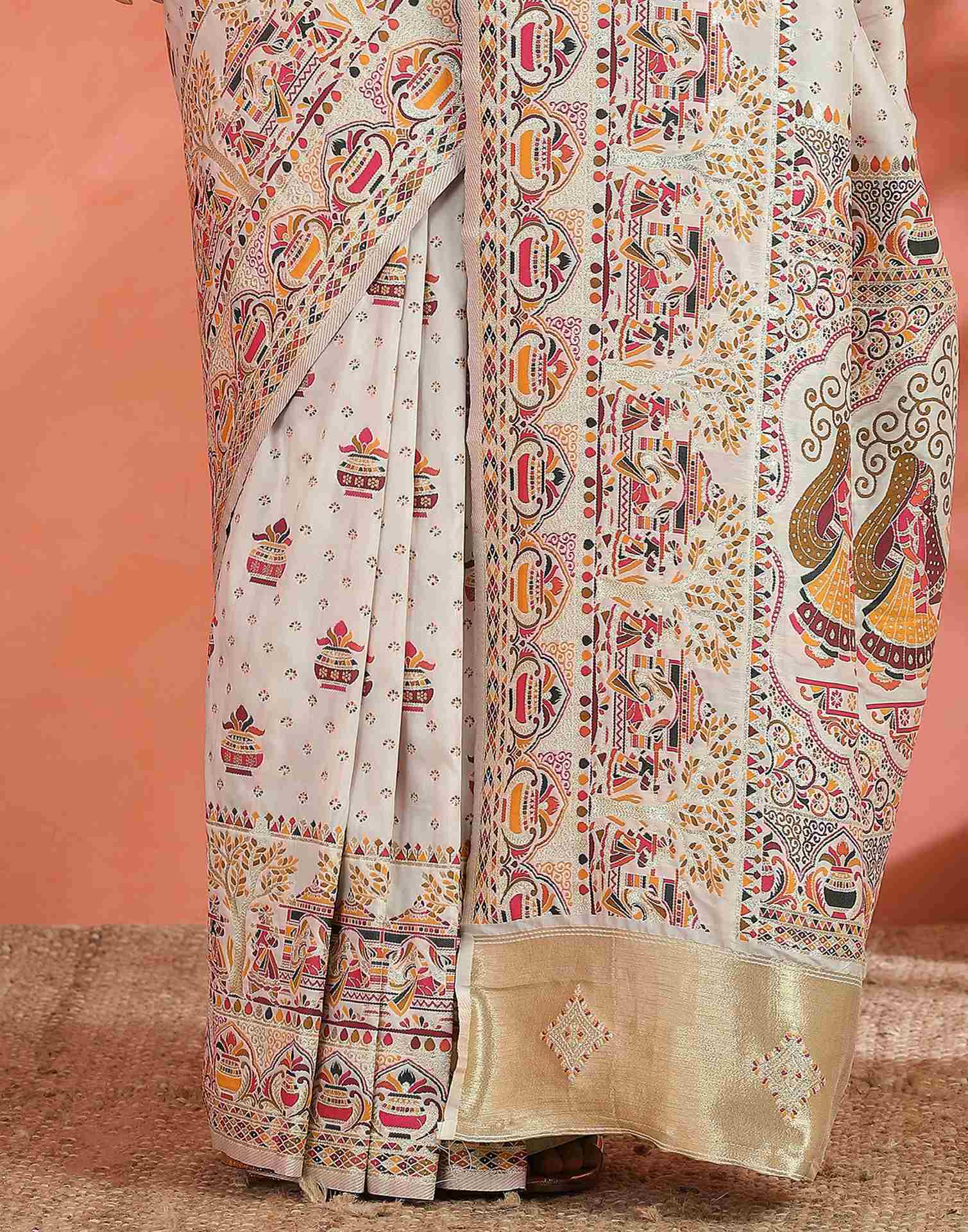 Off White Silk Woven Saree - Image 9