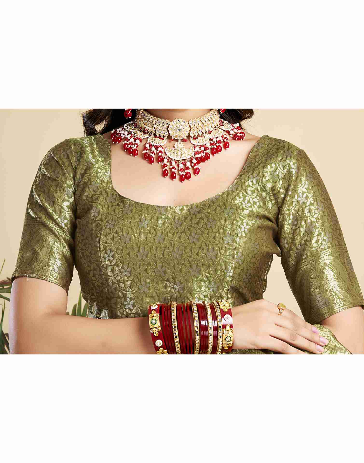 Olive Green Silk Woven Banarasi Saree - Image 9