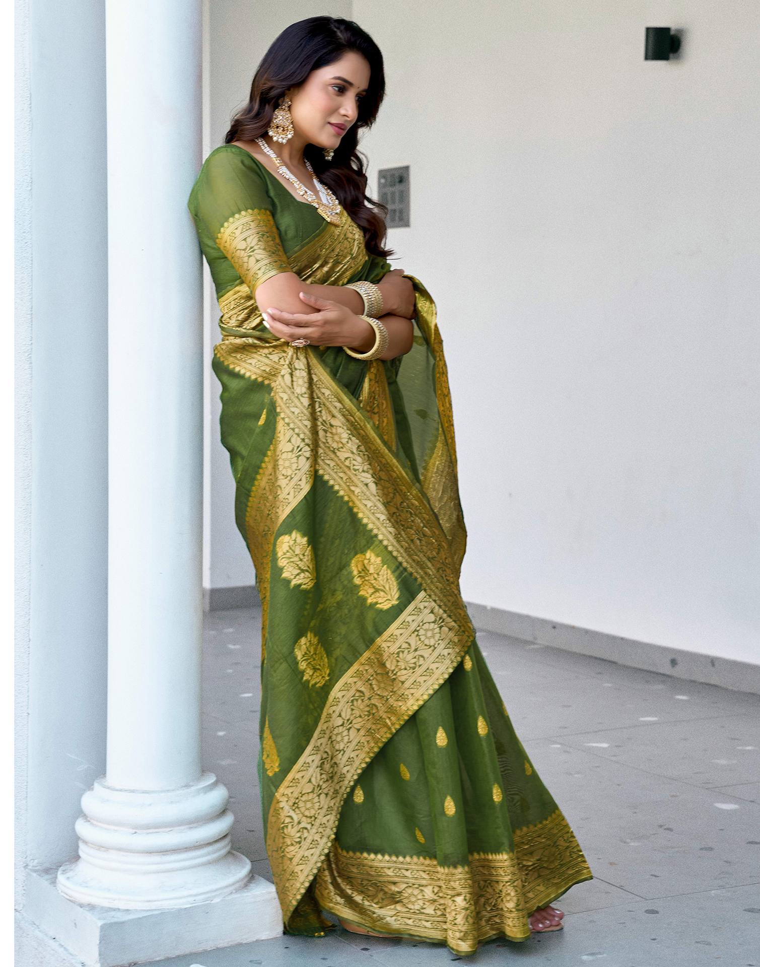 Olive Green Chanderi Woven Saree - Image 5