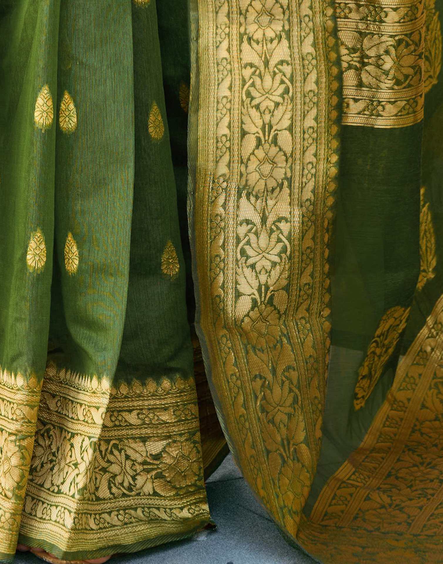 Olive Green Chanderi Woven Saree - Image 8
