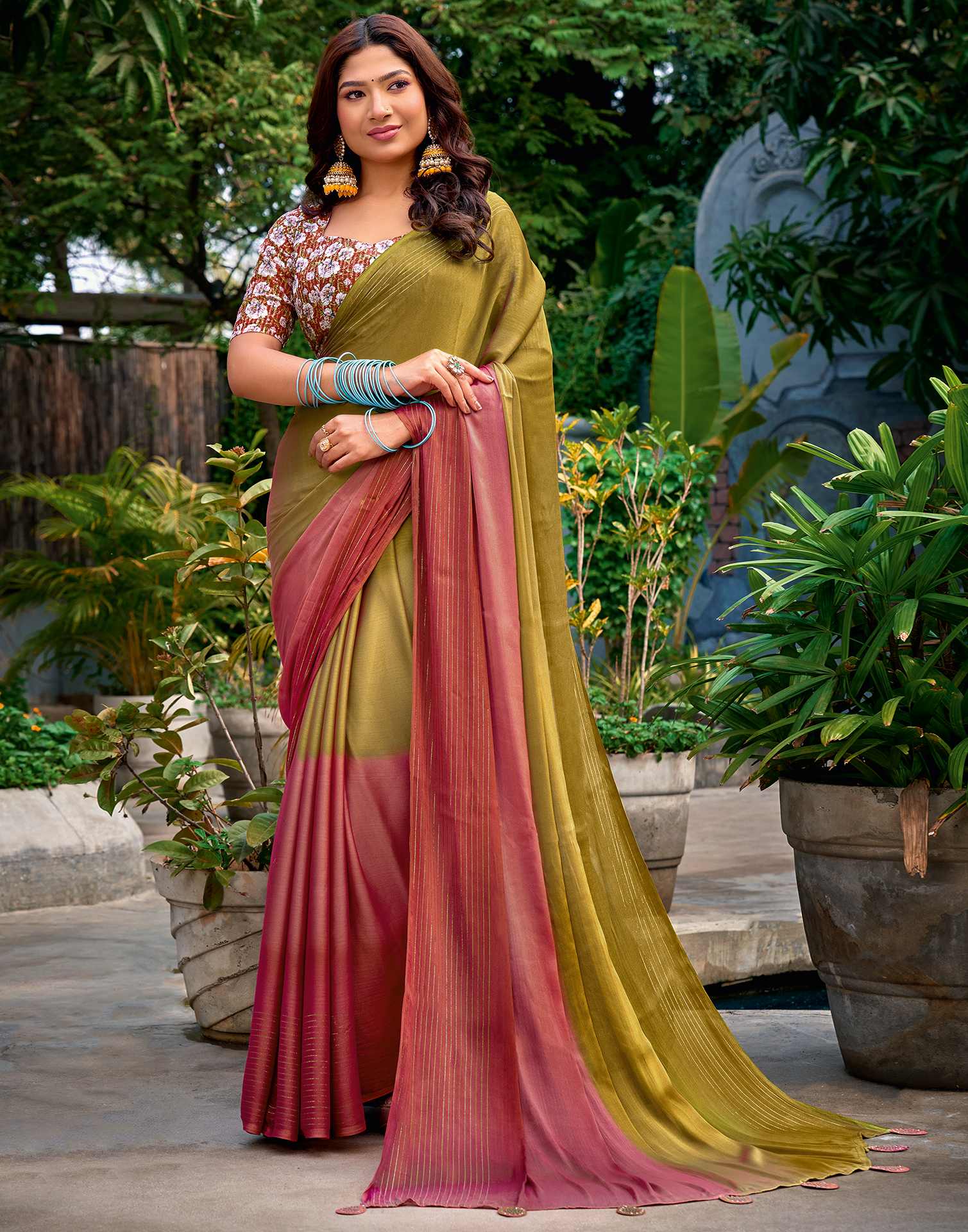 Olive Green Chiffon Ombre Zari Stripe Saree