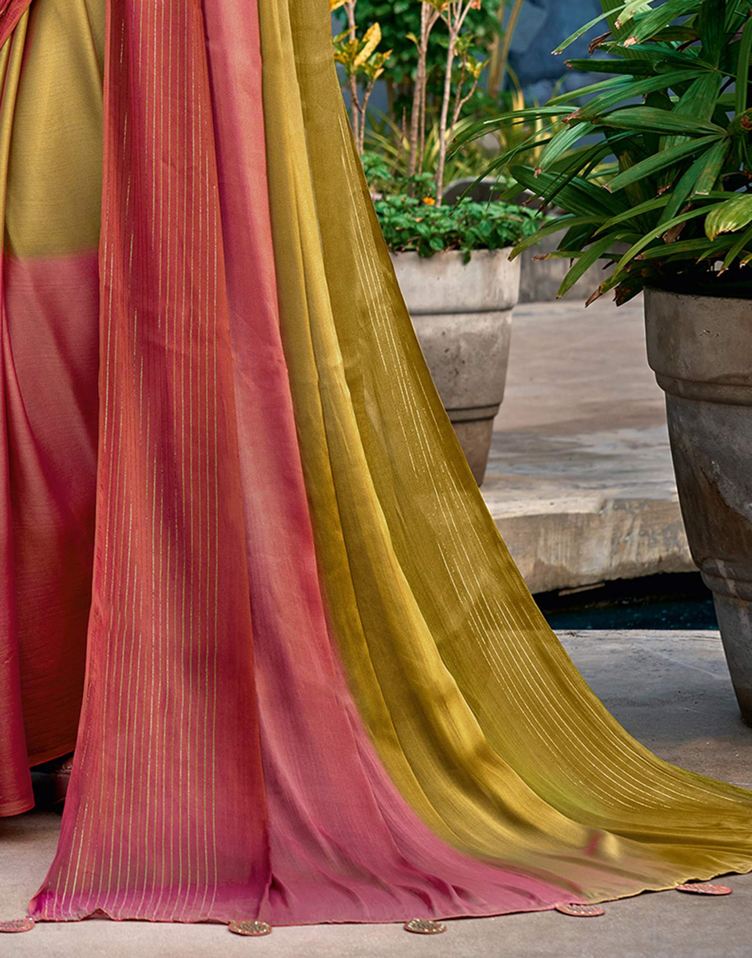 Olive Green Chiffon Ombre Zari Stripe Saree - Image 4