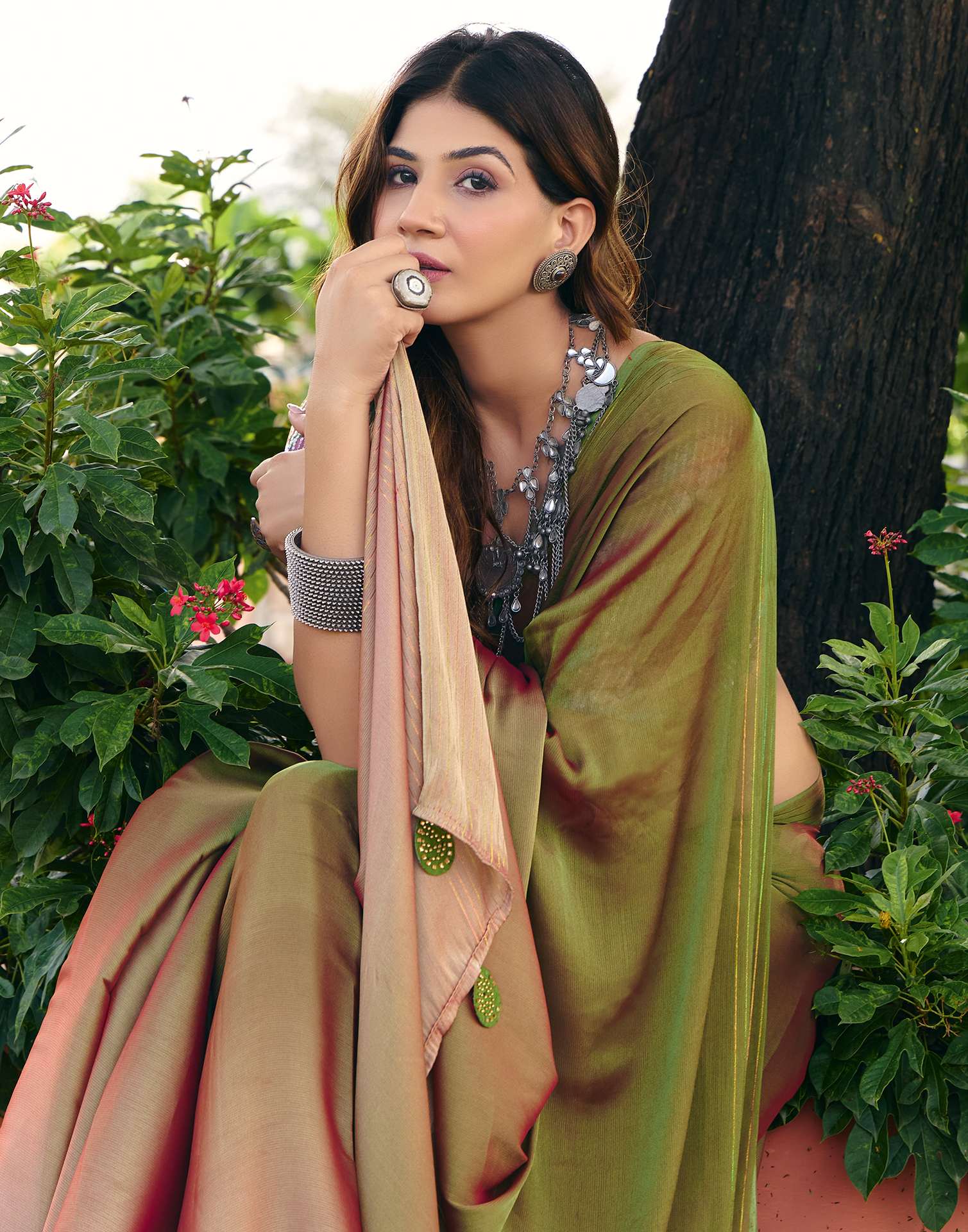 Olive Green Chiffon Zari Stripe Saree - Image 2