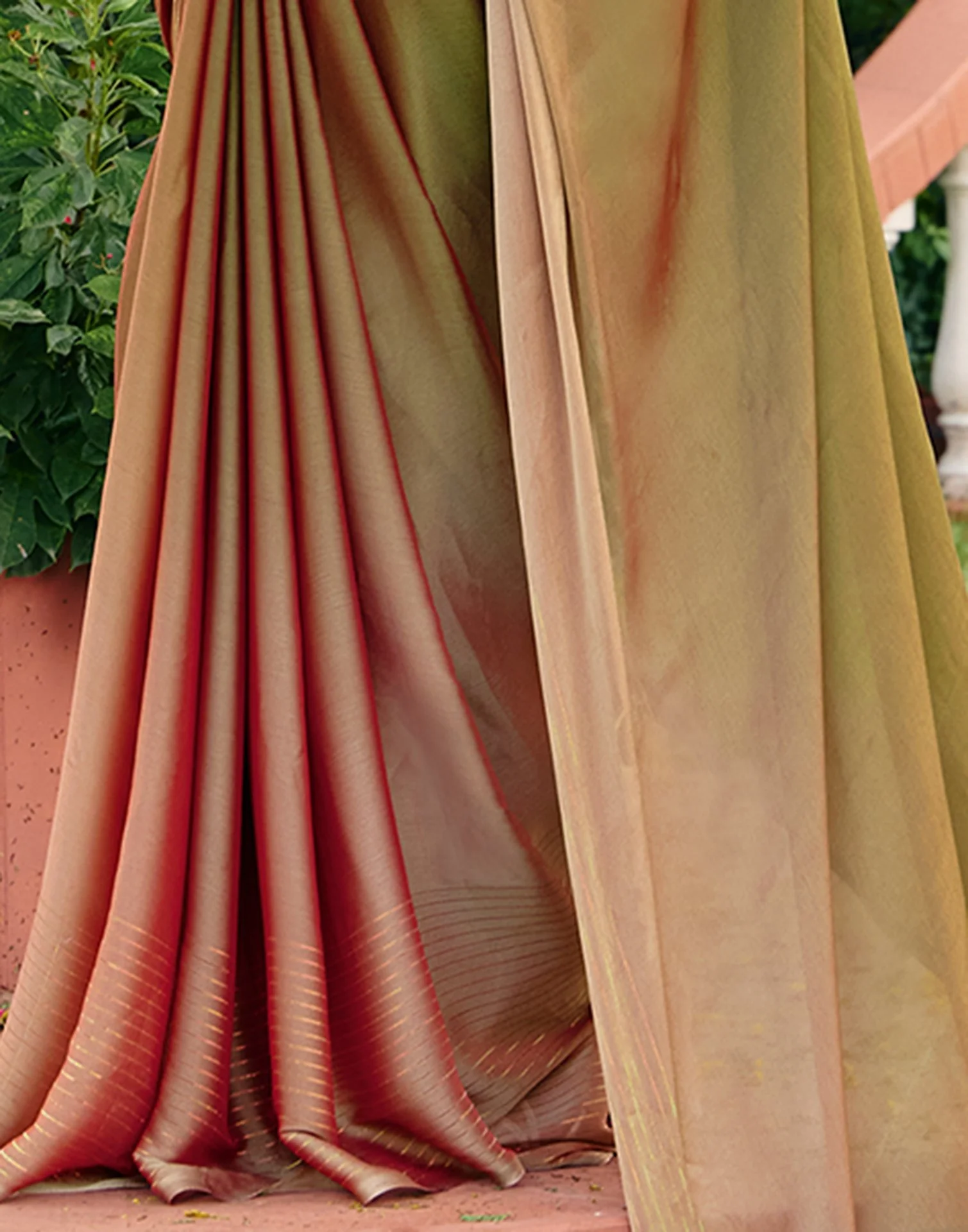 Olive Green Chiffon Zari Stripe Saree - Image 4