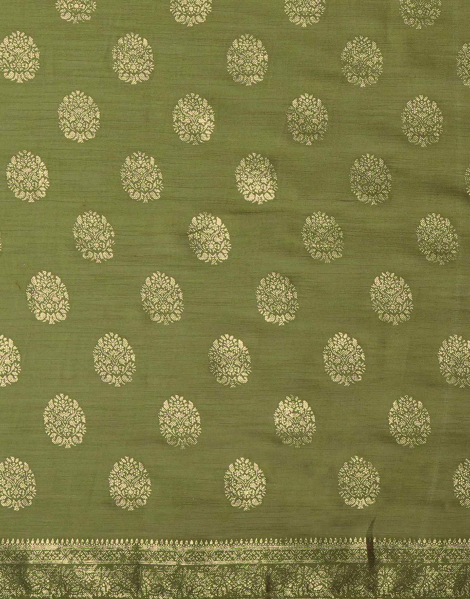 Olive Green Chinnon Foil Printed Saree - Image 10