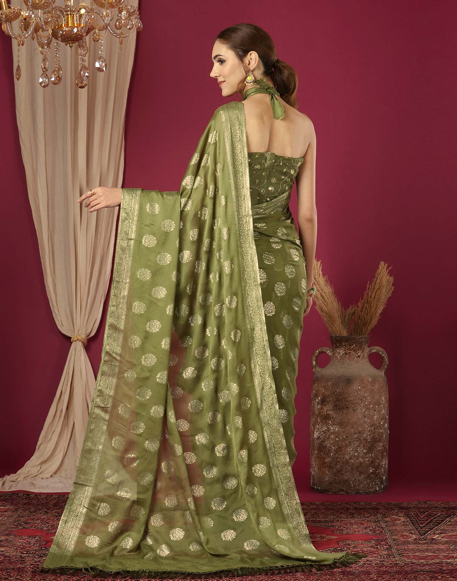 Olive Green Chinnon Foil Printed Saree - Image 7