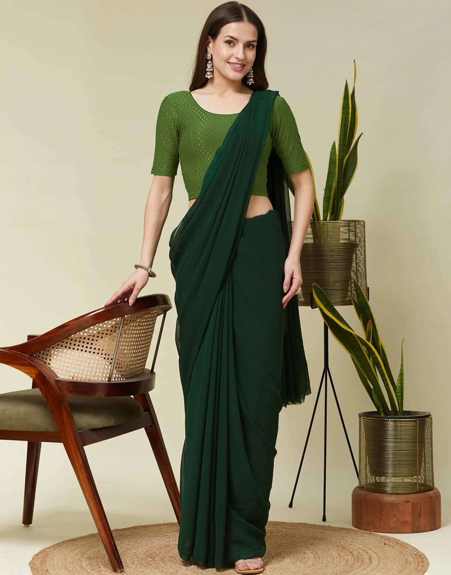 Olive Green Cotton Dyed Self Woven Blouse - Image 7
