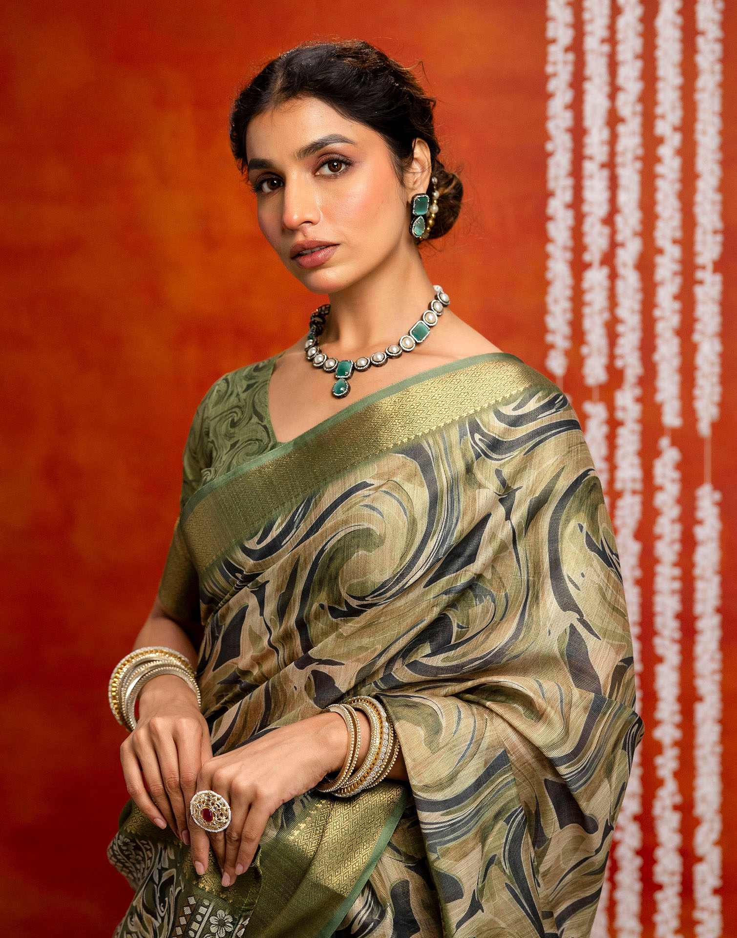 Olive Green Cotton Printed Woven Saree - Image 8